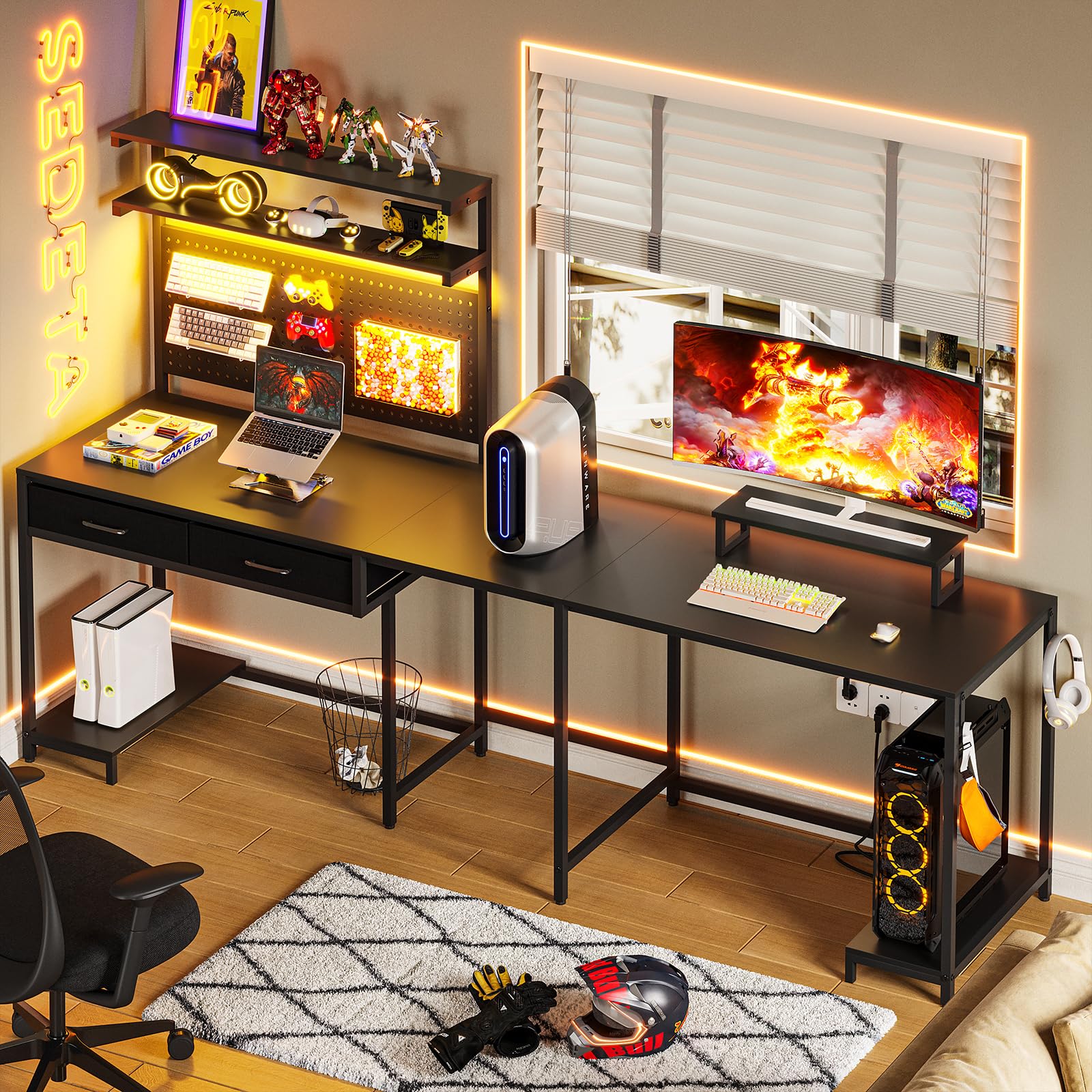 SEDETA L-Shaped Gaming Desk with LED Lights, Pegboard & Drawers - Ergonomic Computer Desk with Monitor Stand, Storage Shelves & Hutch - Black Corner Desk for Home Office, Streaming & PC Gaming Setup
