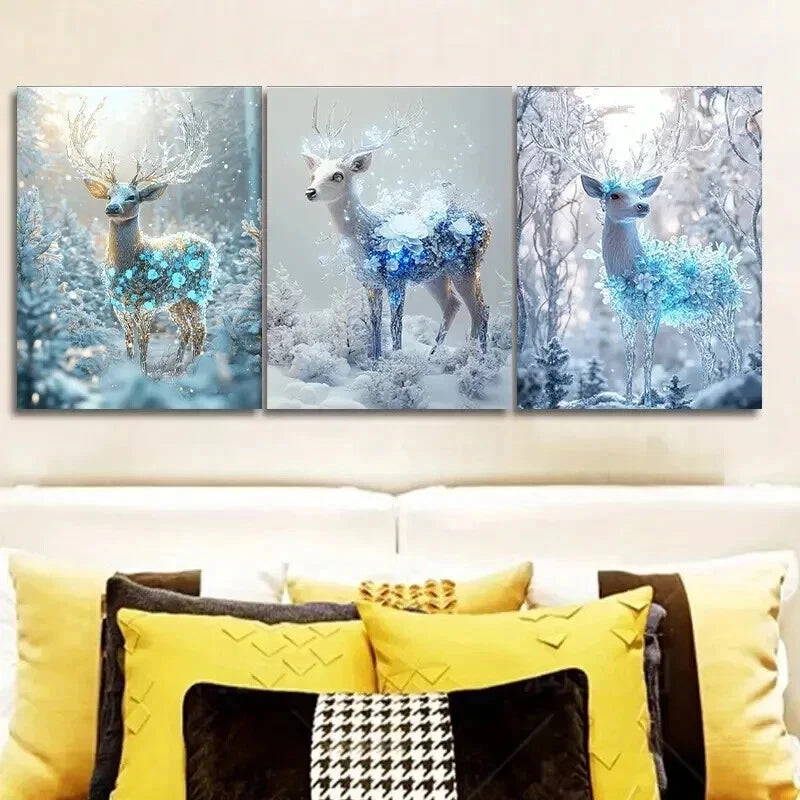 3pcs Deer with Snowflakes Wall Art Set - Ice Blue & Golden Framed Canvas Prints 50x70cm - High Quality Australian Made Ready to Hang - Perfect for Living Room, Bedroom & Office Decor