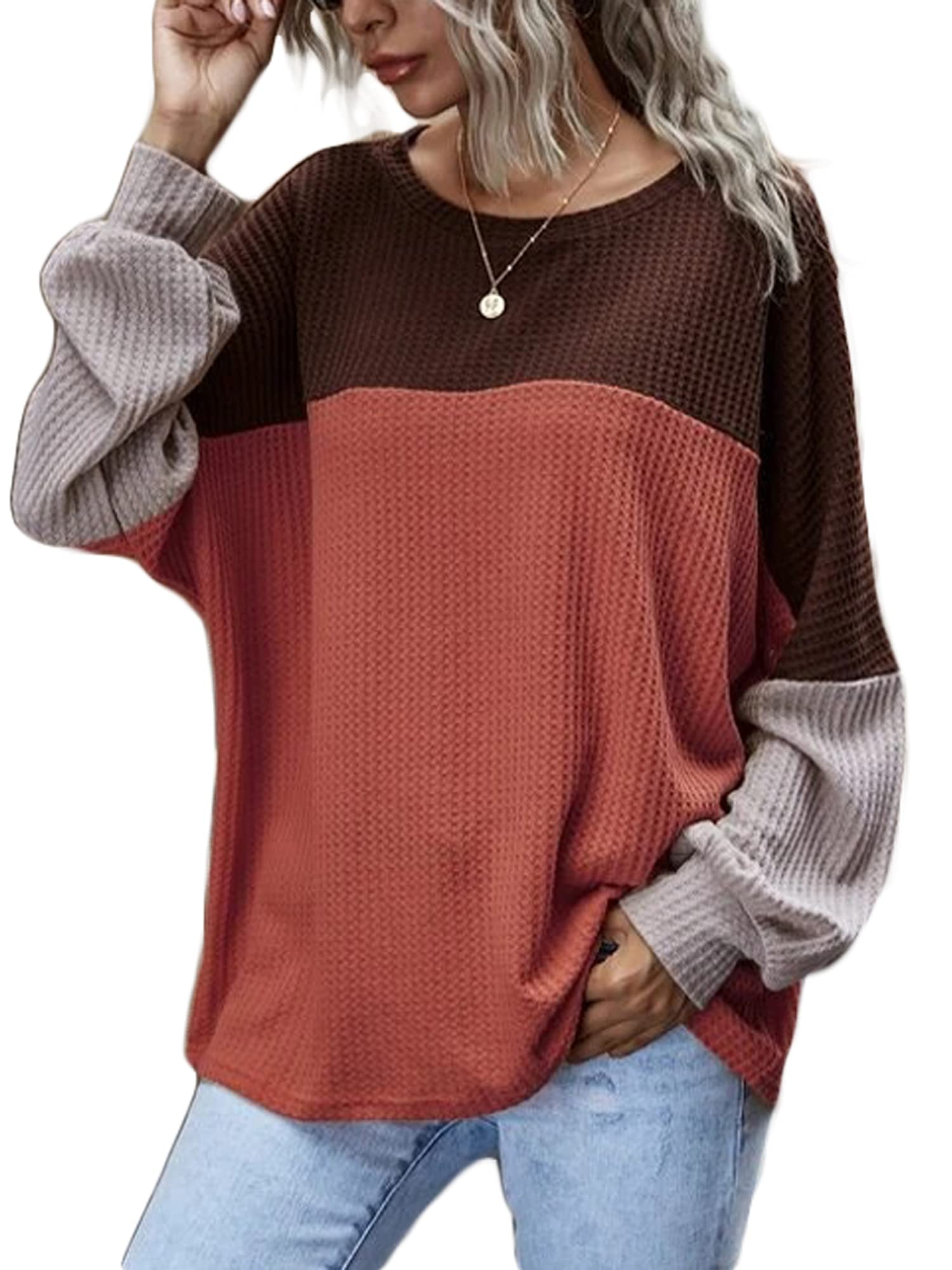 Women's Color Block Waffle Knit Pullover Sweatshirt - Long Sleeve Loose Fit Tunic Top for Casual Wear, Fall Layering & Cozy Outfits