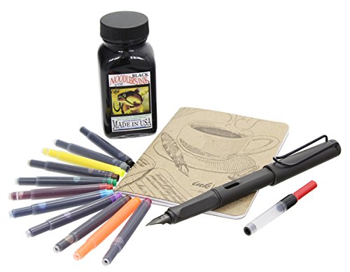 Lamy Safari Charcoal Fountain Pen Fine Point with Noodler's Black Ink - 10 Lamy Color Ink Cartridges & Don't Worry Write Happy Notebook Set for Writing, Journaling, Office Work & Gift Giving