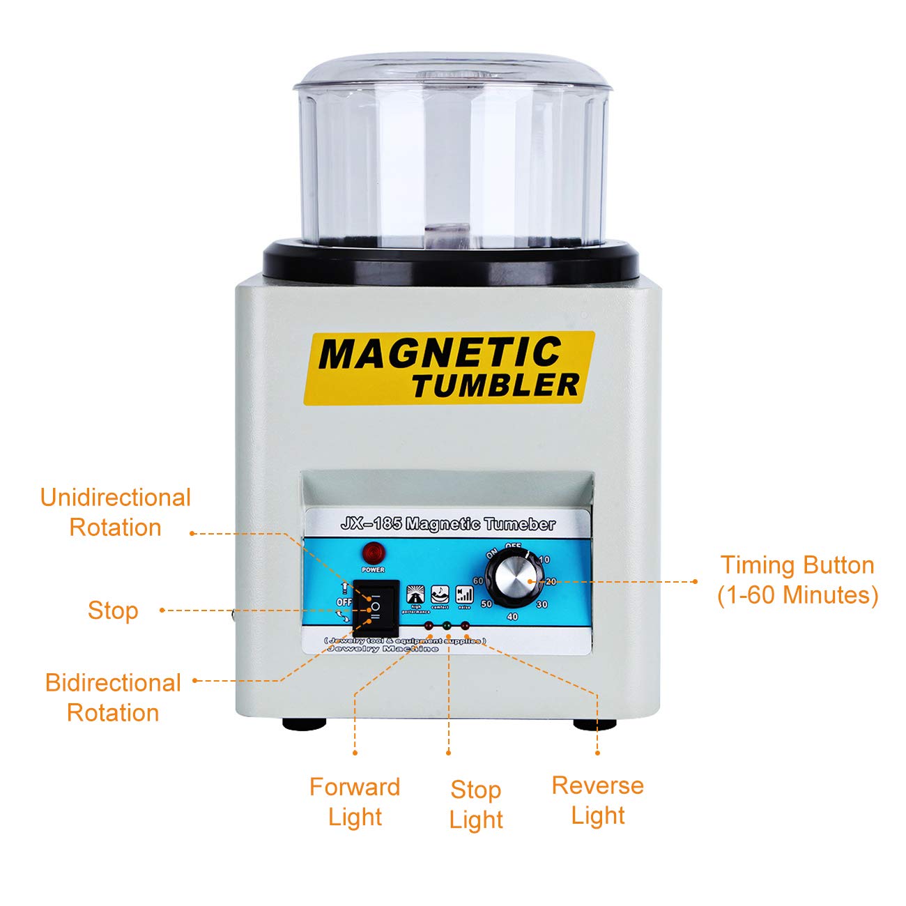 BEAMNOVA Magnetic Tumbler Jewelry Polisher Machine - 180mm Bowl with Lid, 2000 RPM, 1-60 Minute Timer, Unidirectional/Bidirectional Rotation - Perfect for Jewelry Making, Metal Polishing & DIY Crafts