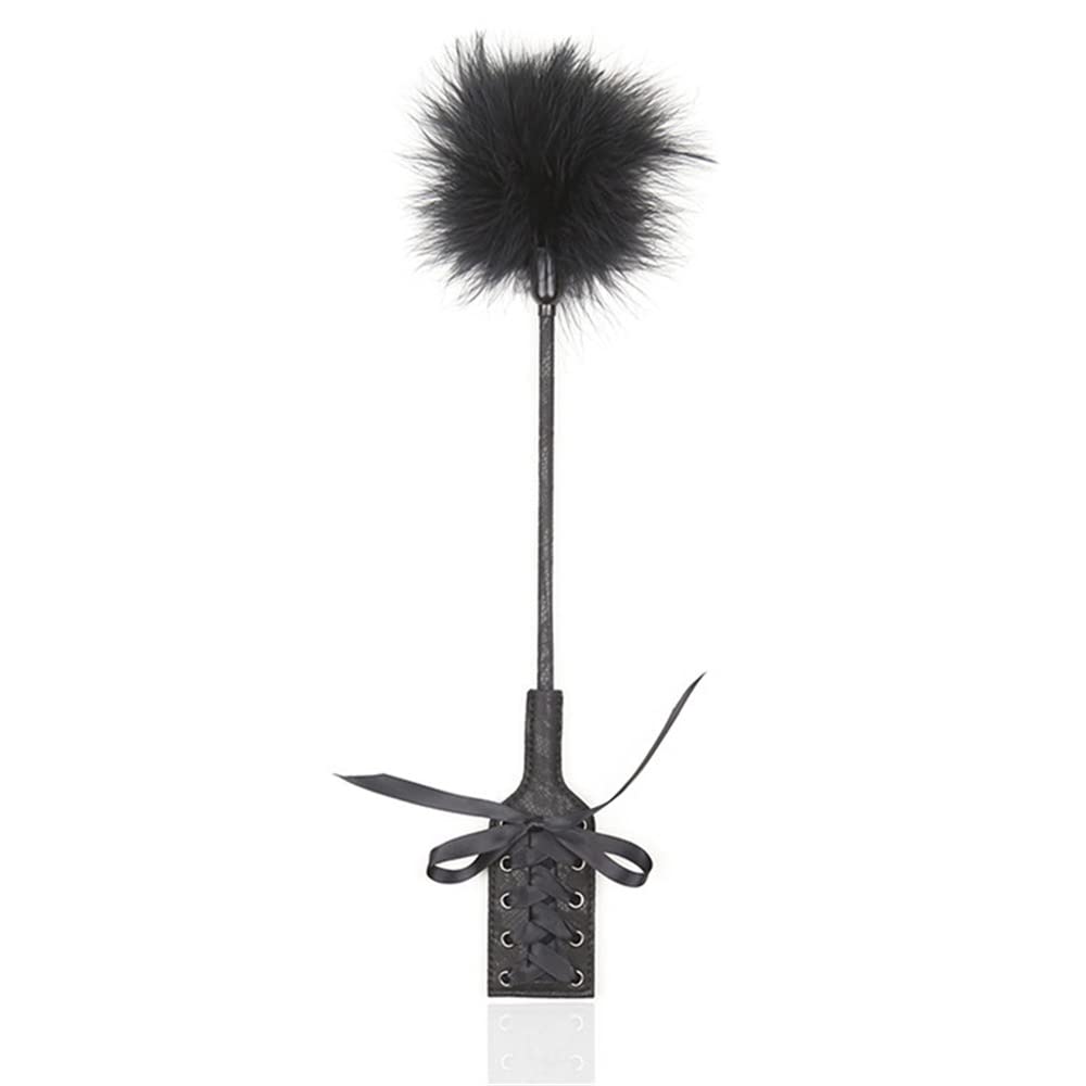Black Leather Feather Tickler Flogger - Sensual Couples Play Toy for BDSM, Spanking & Flirting - O-Type Feather Lace Paddle for Romantic Nights & Adult Intimacy