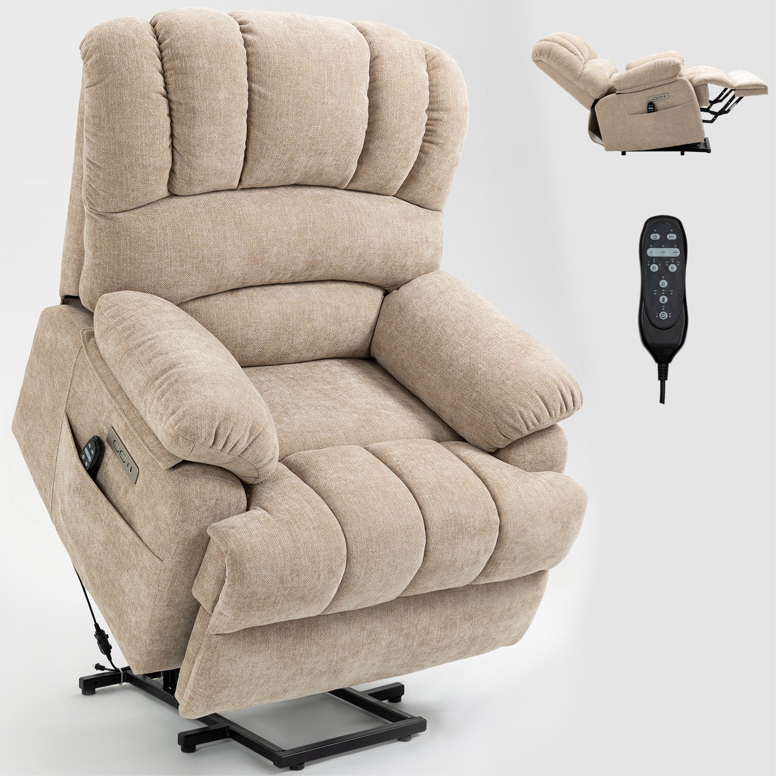Extra Wide 23-Inch High Back Large Beige Chenille Power Lift Recliner Chair with 8-Point Vibration Massage & Lumbar Heating - Perfect for Living Room, Home Theater & Elderly Comfort