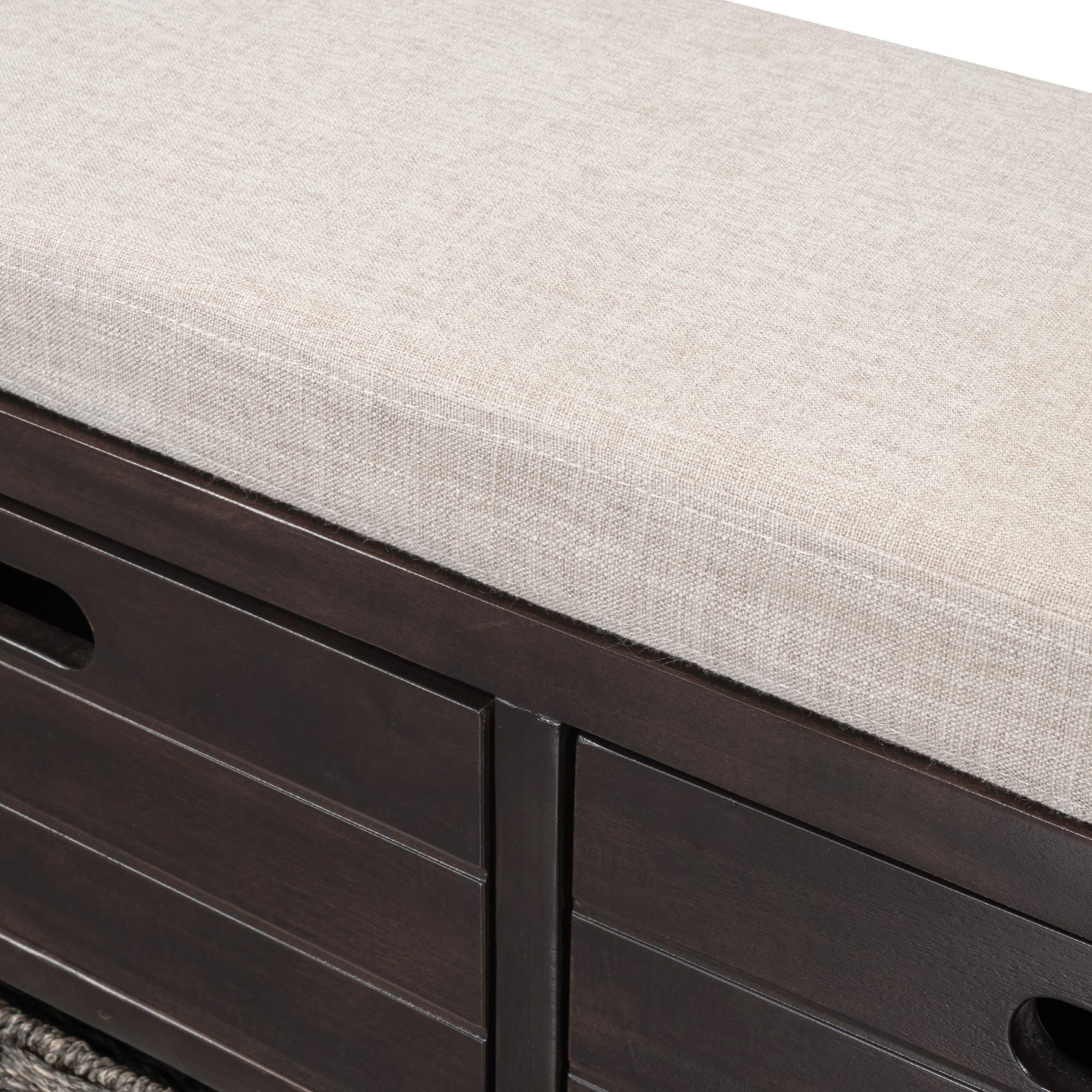 Wooden Storage Bench with 2 Drawers & Removable Basket - Fully Assembled Wicker Entryway Bench with Cushion - Shoe Storage for Hallway, Living Room & Bedroom (Espresso) - Perfect for Entry Organization & Home Decor