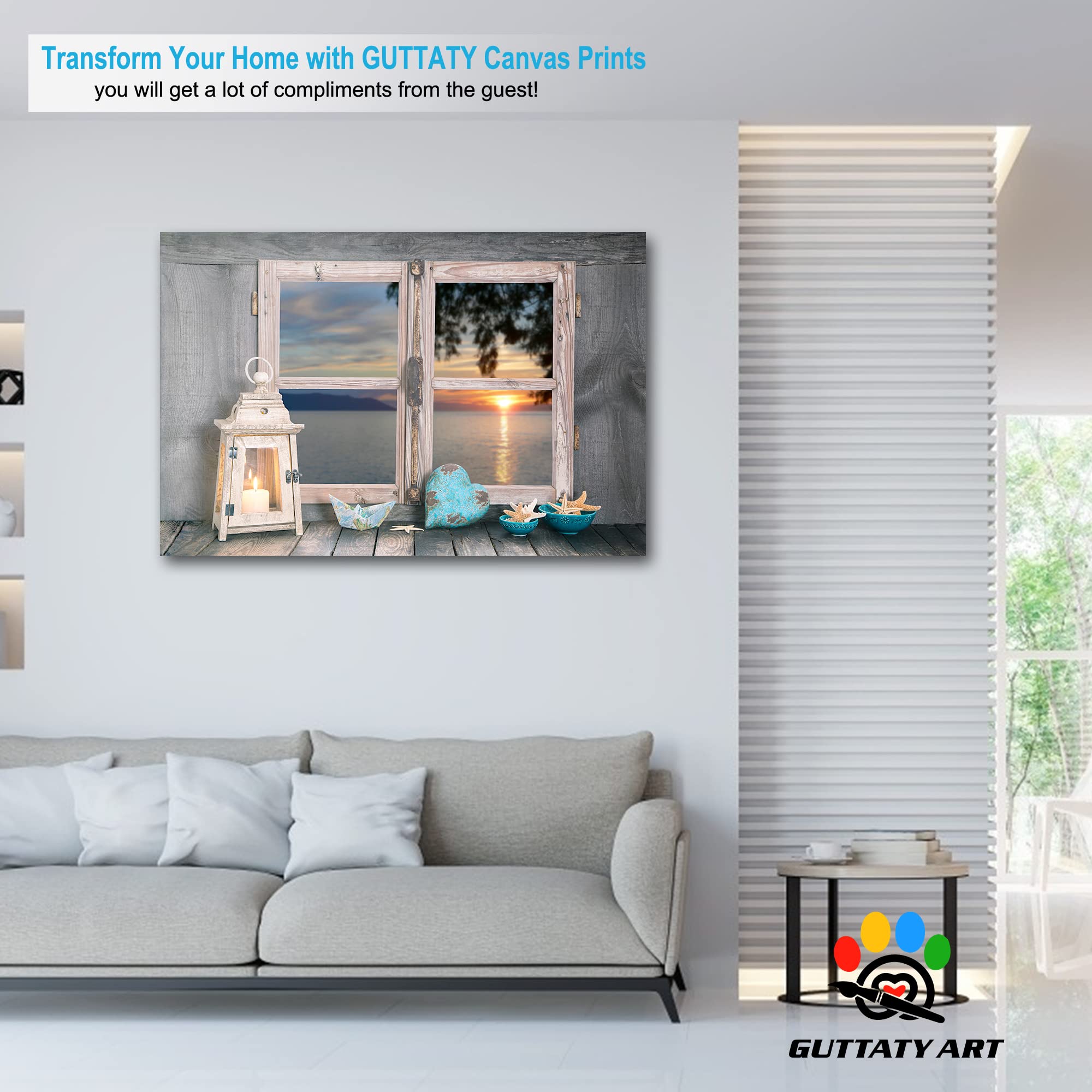 GUTTATY Large Sunrise and Beach Canvas Wall Art - Coastal Ocean Painting for Living Room Decor - Framed Seascape Canvas Print (32x48 Inches) - Perfect for Beach House, Bedroom, or Office Wall Decoration