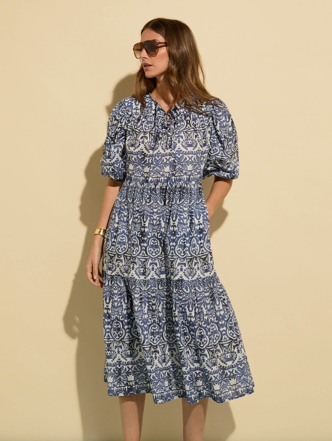 Mathilda Organic Cotton Kaftan Dress for Women | Blue Stencil Geometric Print | Boho Beach Cover Up, Summer Vacation Outfit, Lounge Wear