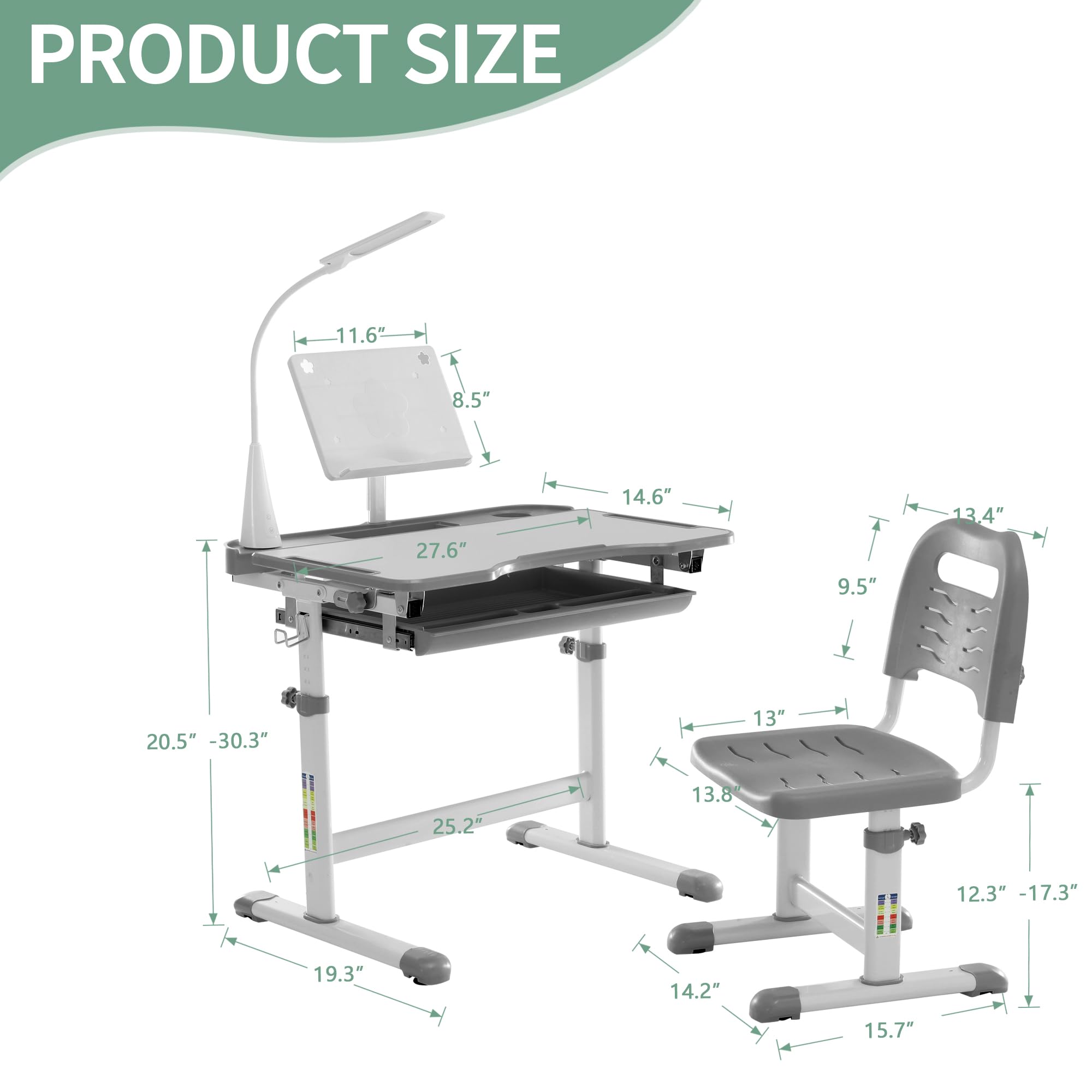 Diroan Adjustable Kids Desk and Chair Set - Ergonomic Study Desk with LED Light, Book Stand, Storage Drawer & Metal Hook - Height Adjustable Children's Learning Table for Boys & Girls (Grey) - Perfect for Homeschooling, Online Classes & Bedroom Study Space
