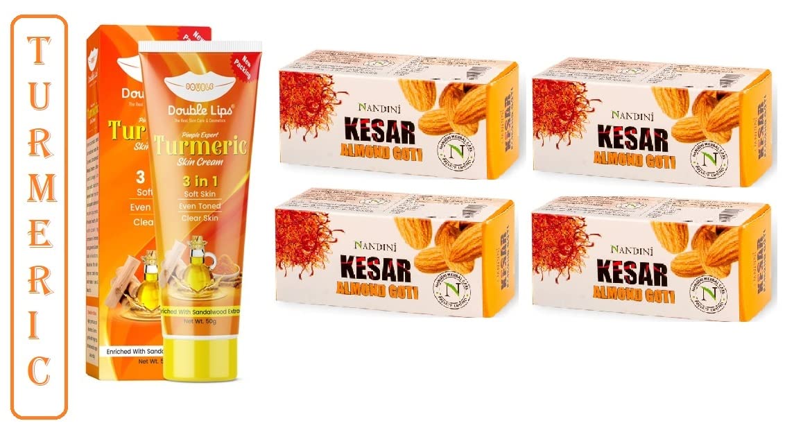Nandini Kesar & Almond Goti Facial Soap (Pack of 4) and Turmeric 3-in-1 Skin Cream - 100% Natural for All Skin Types | Daily Cleansing & Moisturizing for Glowing Skin