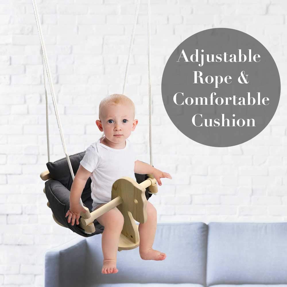 Baby Canvas Hanging Swing Seat with Safety Straps - Wooden Horse Swing for Toddlers - Indoor & Outdoor Hammock Toy for Kids (Grey) - Perfect for Nursery, Backyard, and Playroom Fun