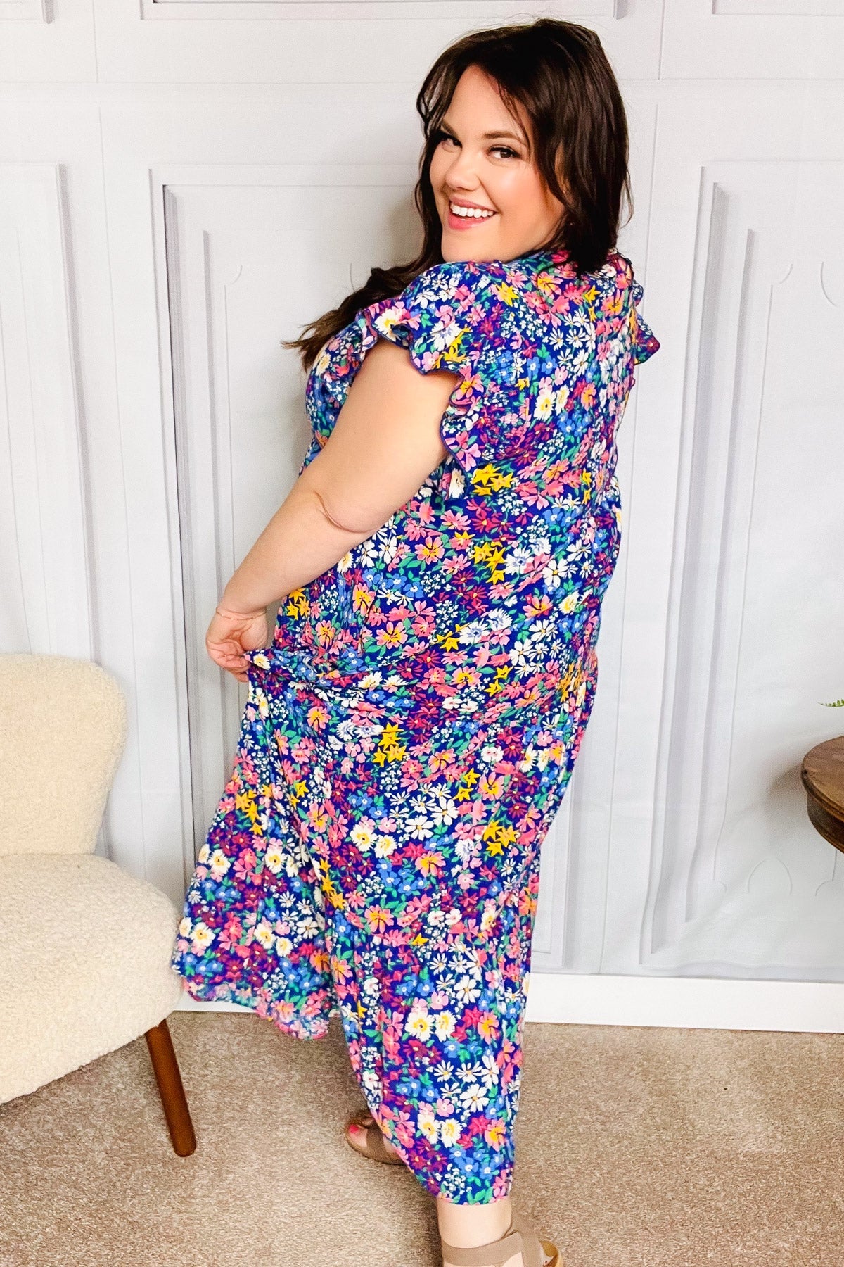 Haptics Just A Dream Navy Floral Smocked Ruffle Sleeve Maxi Dress - Elegant Summer Beach Wedding Guest Dress for Women