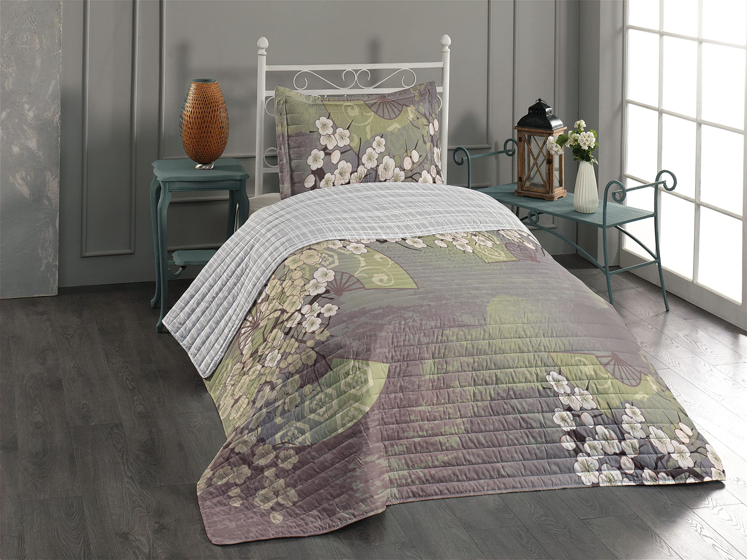 Ambesonne Reversible Bedspread Set - Japanese Cherry Blossom Sakura Tree Design, Microfiber Twin Size Comforter with Pillow Shams, Avocado Green | Spring Home Decor, Bedroom Refresh, Seasonal Bedding for Guest Rooms & Dorm Essentials