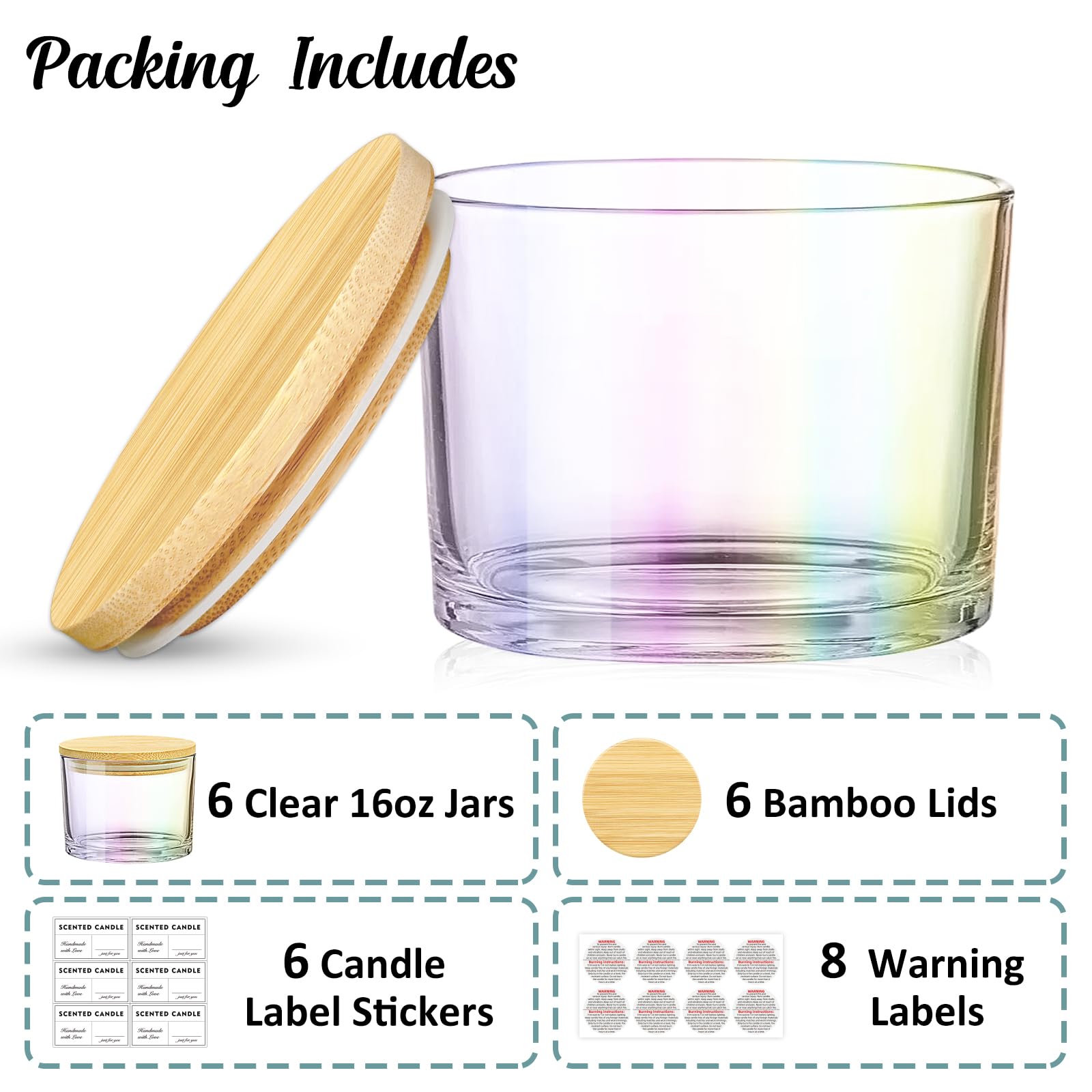 16oz 3 Wick Candle Jars 6 Pack - Large Empty Iridescent Wide Mouth Glass Containers with Bamboo Lids, Stickers & Labels | DIY Candle Making Supplies for Home Decor, Wedding Favors, Spa Relaxation & Gift Giving