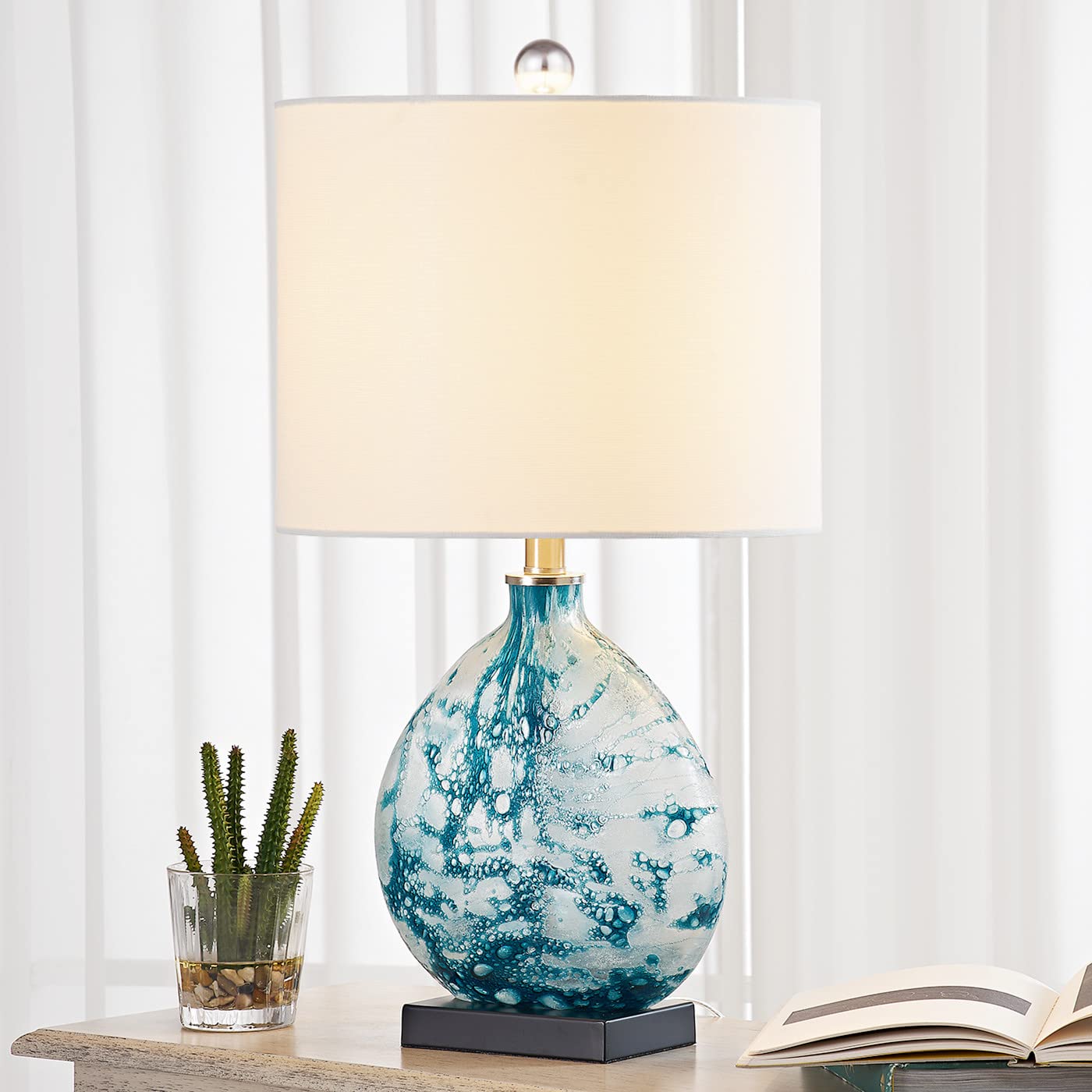 Maxax Coastal Blue Glass Table Lamp - 3-Way Dimmable Bedside Lamp with White Drum Shade for Living Room, Bedroom & Nightstand | Perfect for Coastal Decor, Reading Nook & Bedside Lighting