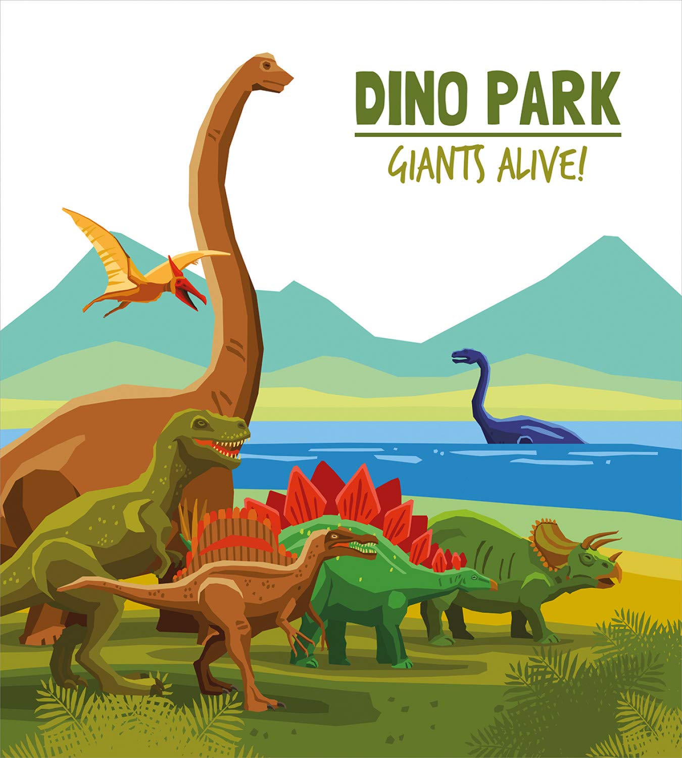 Ambesonne Dinosaur Duvet Cover Set - 3 Piece Bedding with Flying, Swimming & Land Dinosaurs Design, Dino Park Lake & Mountain Theme, California King Size in Green & Yellow | Perfect for Kids' Rooms, Dinosaur Themed Bedrooms & Jurassic Decor