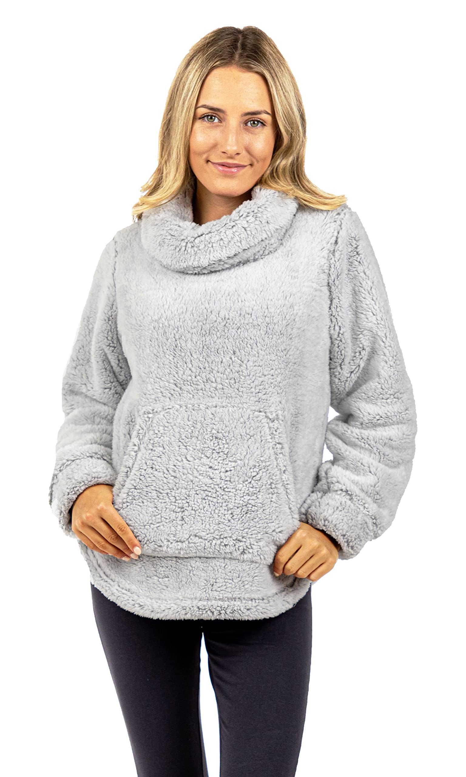 Women's Grey Fleece Lounge Top - Cozy Warm Jacket with Cowl Neck for Relaxing at Home, Lounging & Casual Outings