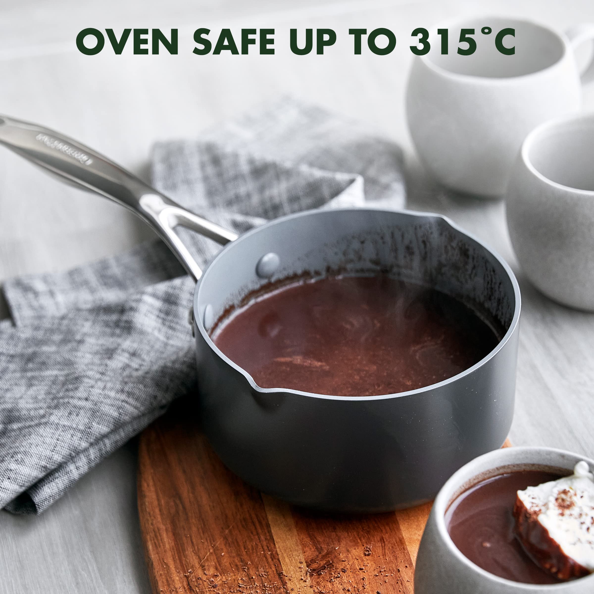 GreenPan Valencia Pro 16cm/1.6L Non-Toxic Ceramic Non-Stick Milk Pot - PFAS-Free, Induction & Oven Safe (Grey) - Perfect for Heating Milk, Making Sauces & Small Batch Cooking