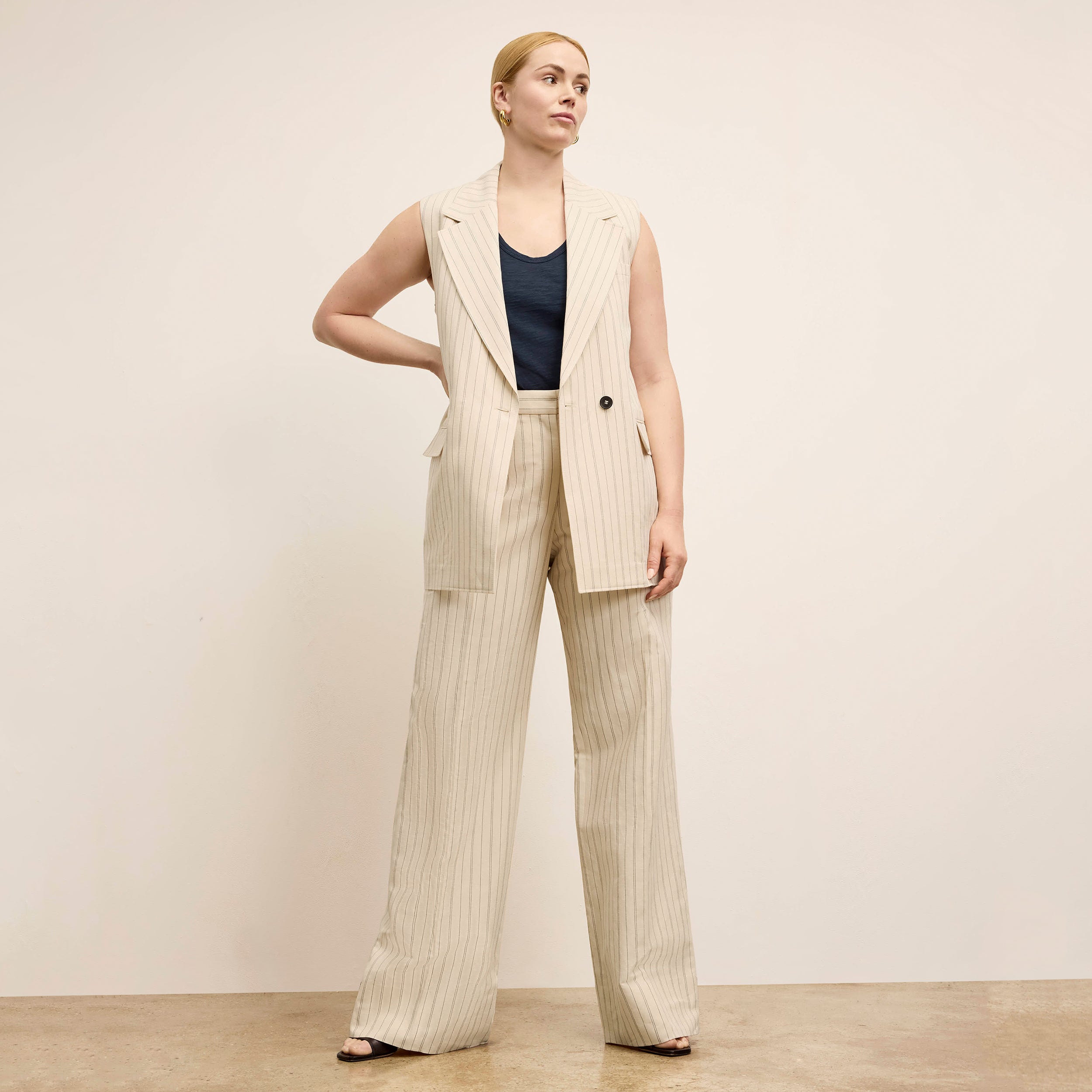 Tinsley Wide Leg Pants for Women - Breeze Stripe Pattern in Ecru & Navy - Comfortable High Waist Trousers for Office, Travel & Casual Wear