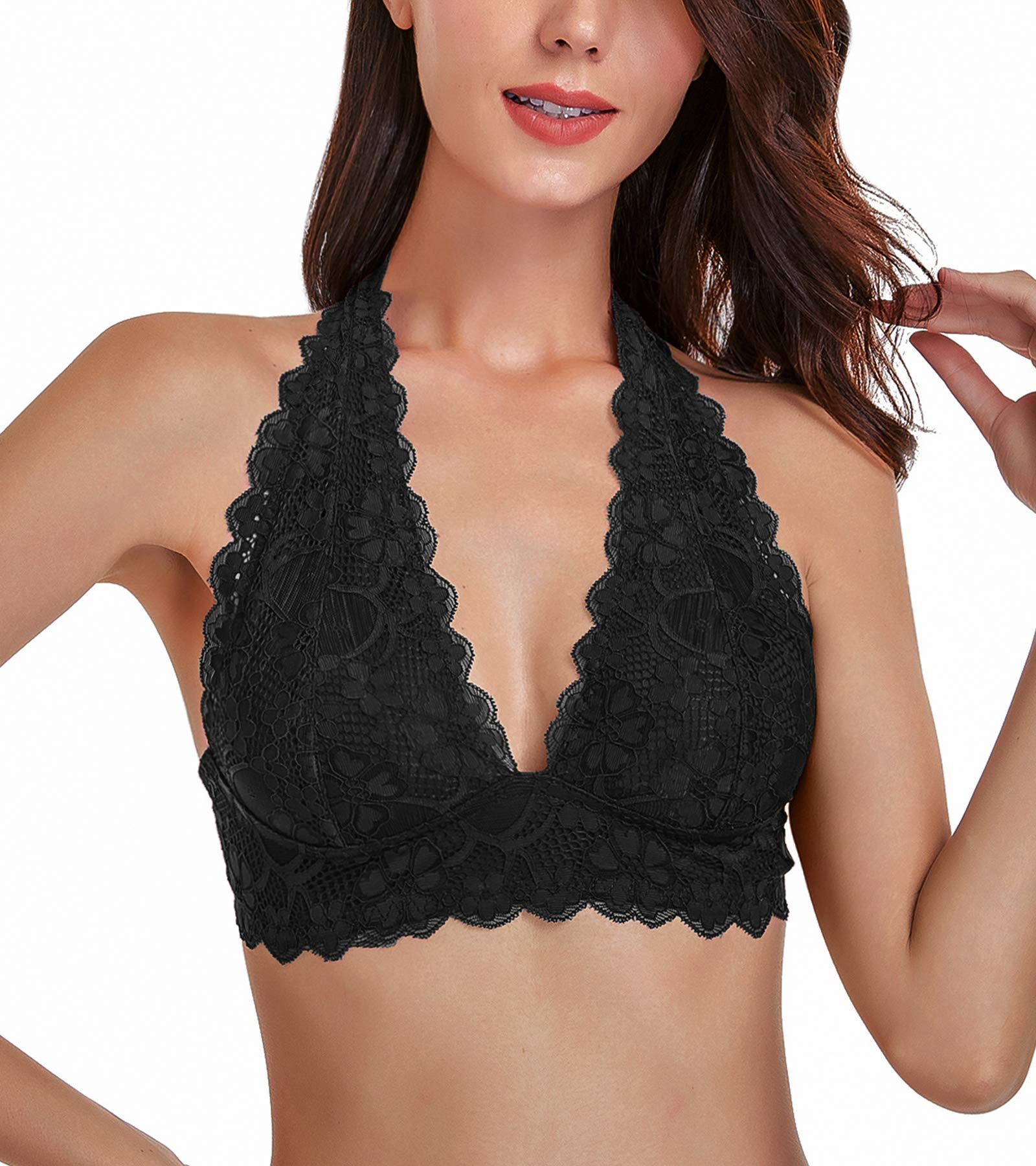 DotVol Women's Floral Lace Halter Bralette - V Neck Wirefree Unpadded Bustier Top for Summer, Beach, and Casual Wear