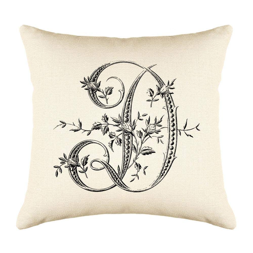 Vintage French Monogram Letter D Woven Cotton Blend Throw Pillow Cover 20x20 Inches - Soft Linen Cream Cushion Case for Sofa, Couch, Bed & Home Decor - Perfect for Living Room, Bedroom & Dorm