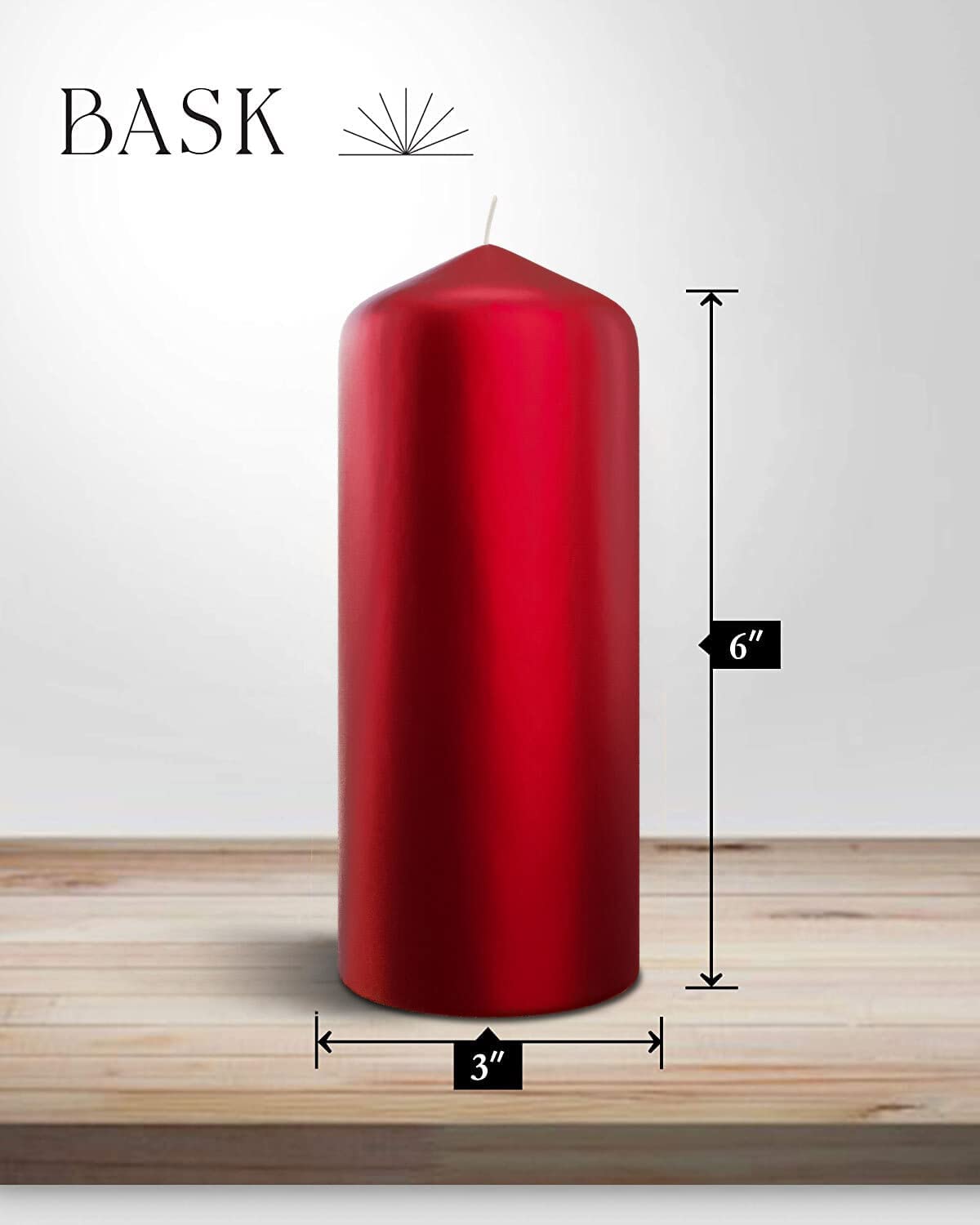 Bask Metallic Red Cone Top Pillar Candles - Set of 3 Dripless Unscented 3x6 Inch Holiday Candles for Home Decor, Wedding Centerpieces, Christmas Table Settings & Relaxation