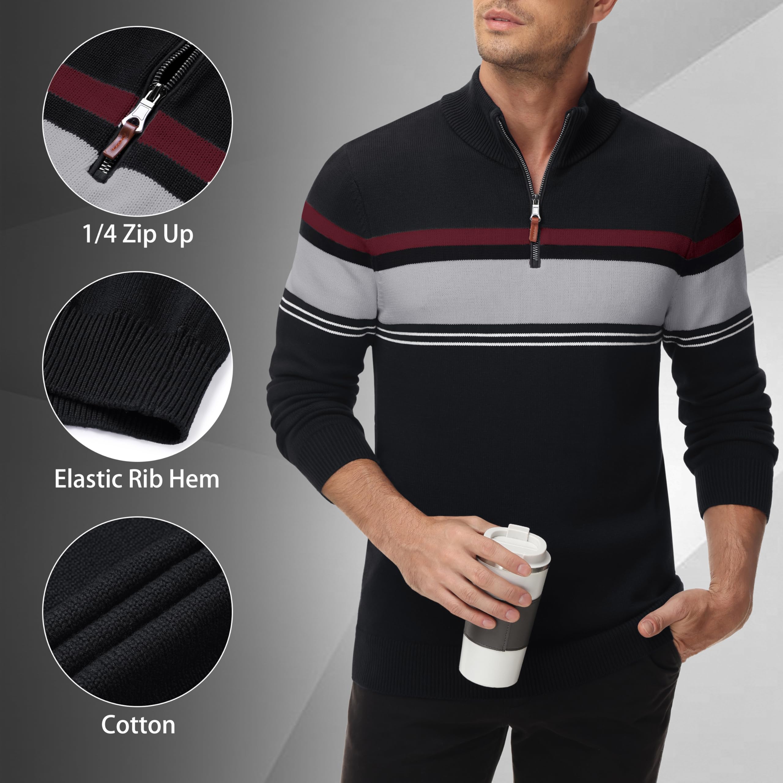 MAGNIVIT Men's Quarter Zip Striped Sweater Pullover - Color Block Polo Sweatshirt for Fall Winter & Spring | Casual Office Wear & Outdoor Activities