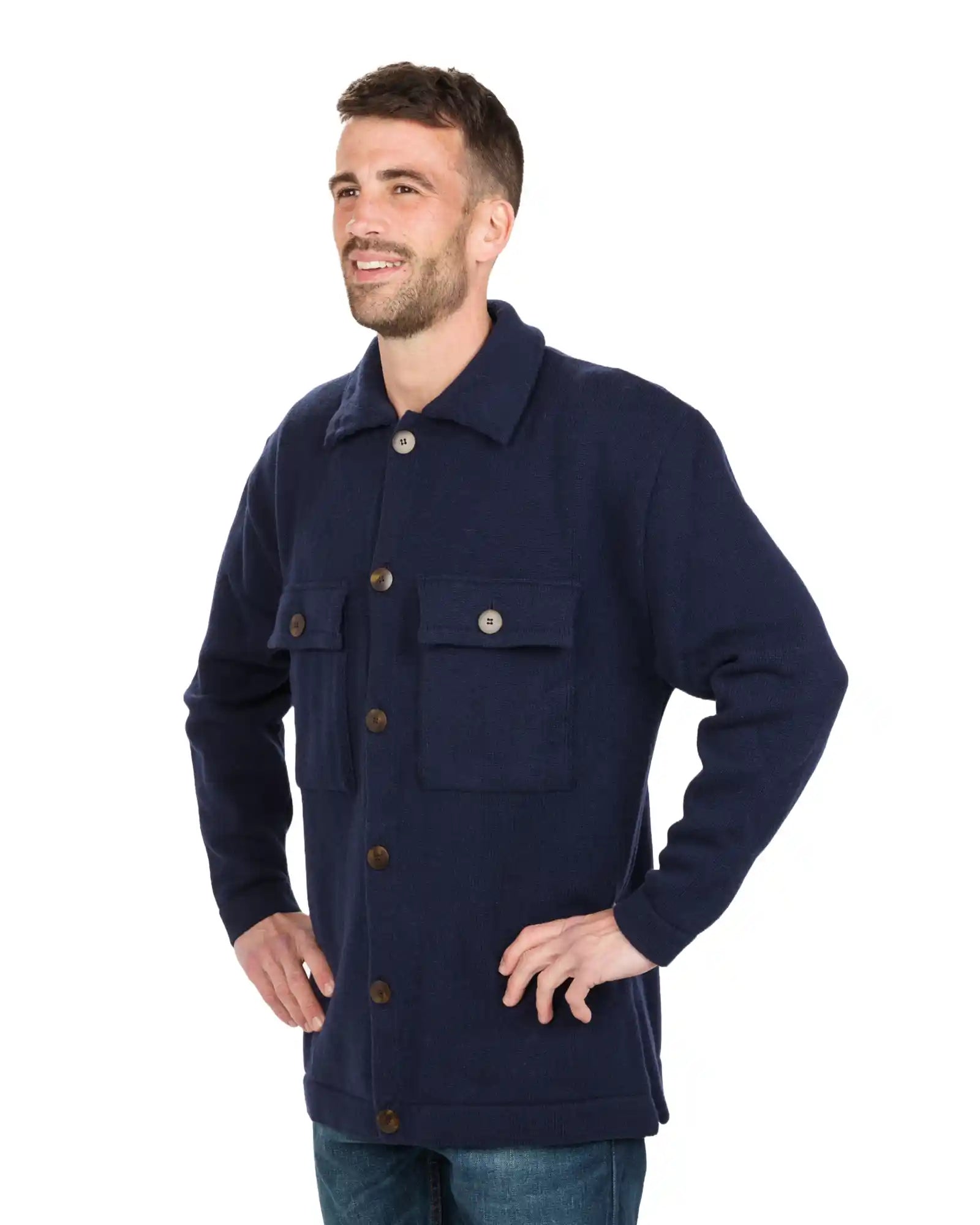 Men's Navy Blue Wool Shacket HS001 - Warm Winter Jacket for Outdoor Activities & Casual Wear