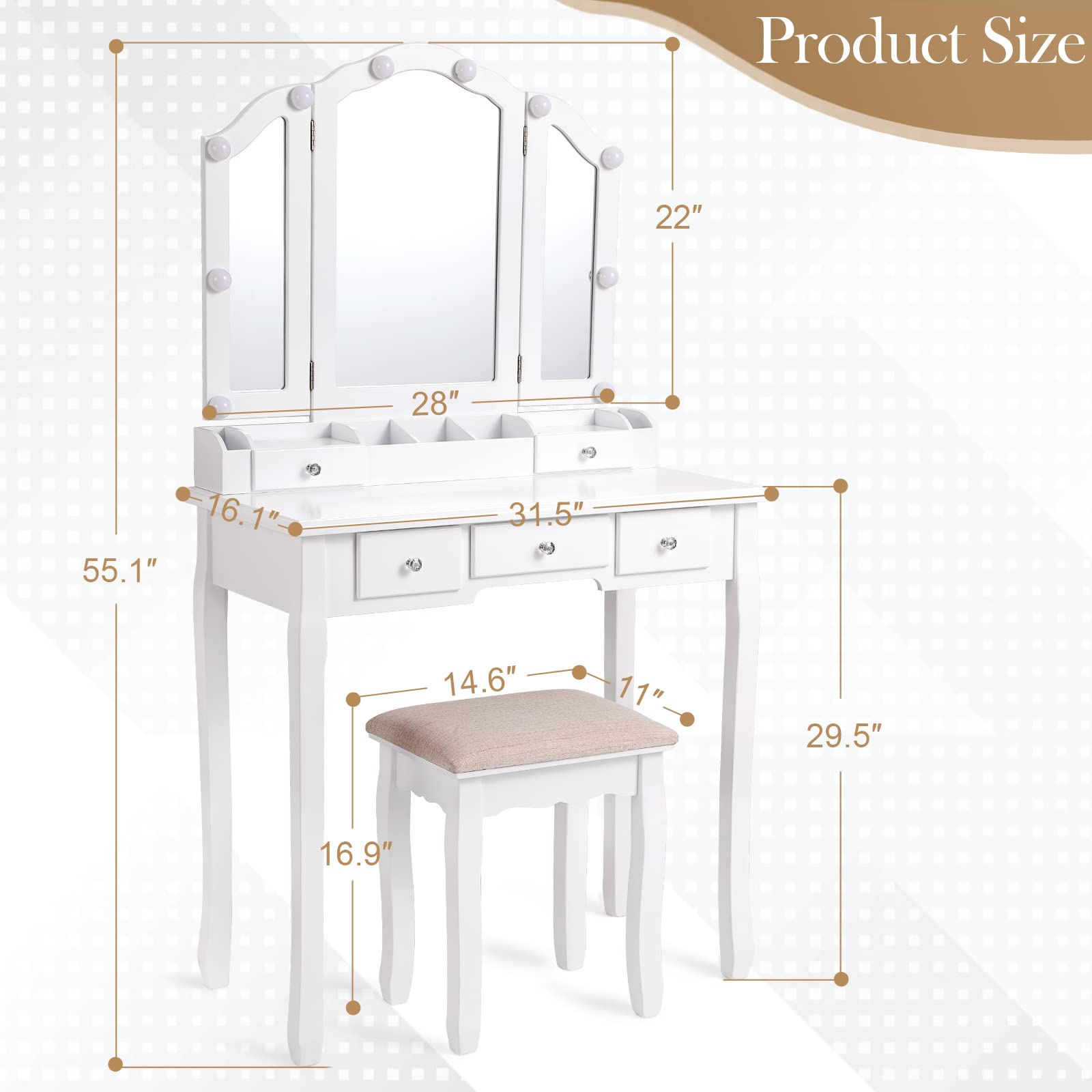 White Vanity Desk with Mirror and LED Lights - Makeup Vanity Table with Tri-Folding Mirror, Storage Drawers & Matching Chair | Perfect for Bedroom, Dressing Room & Home Beauty Salon