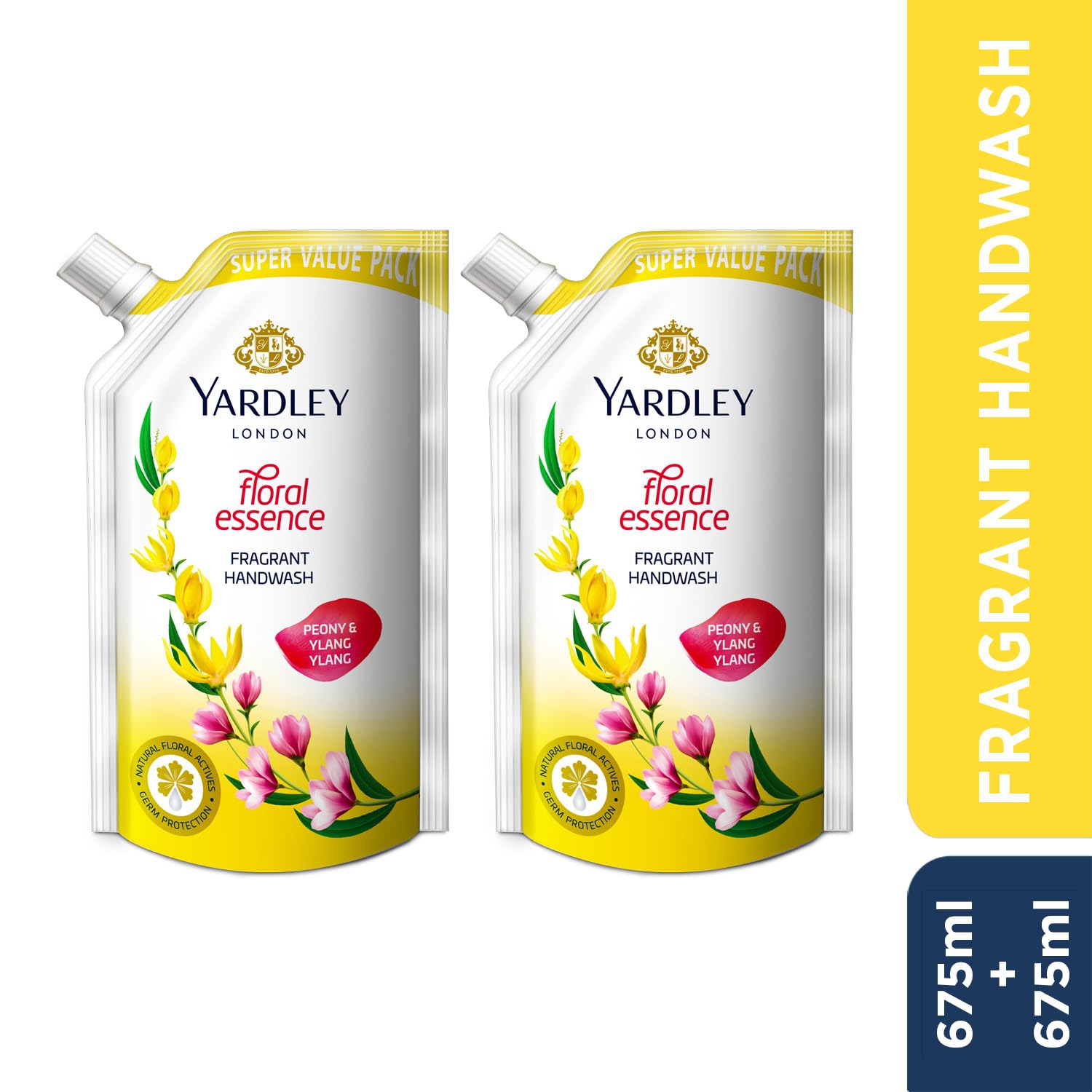 Yardley London Floral Essence Peony & Ylang Ylang Hand Wash Refill - 675ml (2 Pack) | Gentle Moisturizing Liquid Soap for Bathroom, Kitchen & Guest Use | Floral Scented Handwash for Home & Office