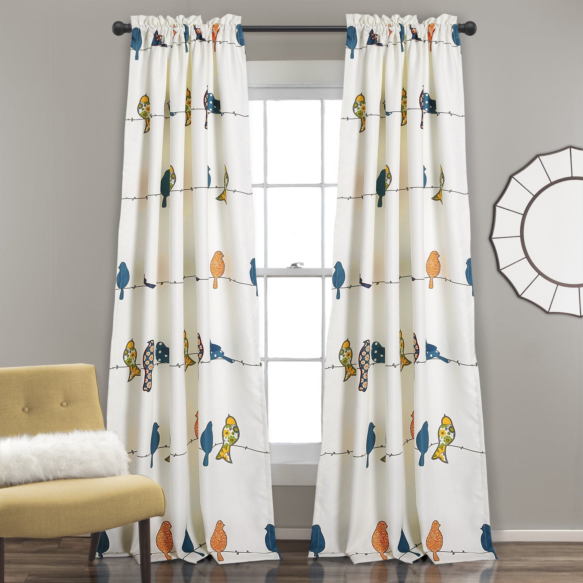 Rowley Birds Light Filtering Window Curtain Set - Blackout Sheer Panels for Living Room & Bedroom - Nature Inspired Bird Print Home Decor