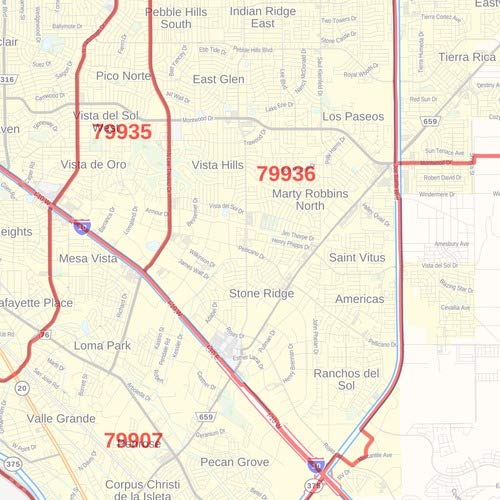 El Paso County Texas Zip Code Map - 36