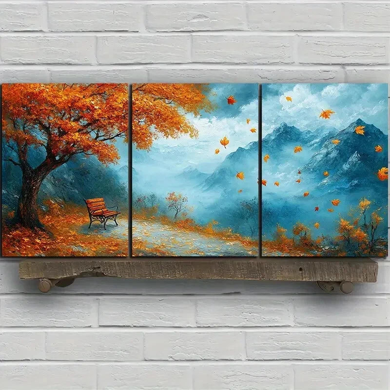 3-Piece Autumn Leaves Mountain Metal Wall Art Set - Ready to Hang Landscape Prints for Living Room, Bedroom & Office Decor