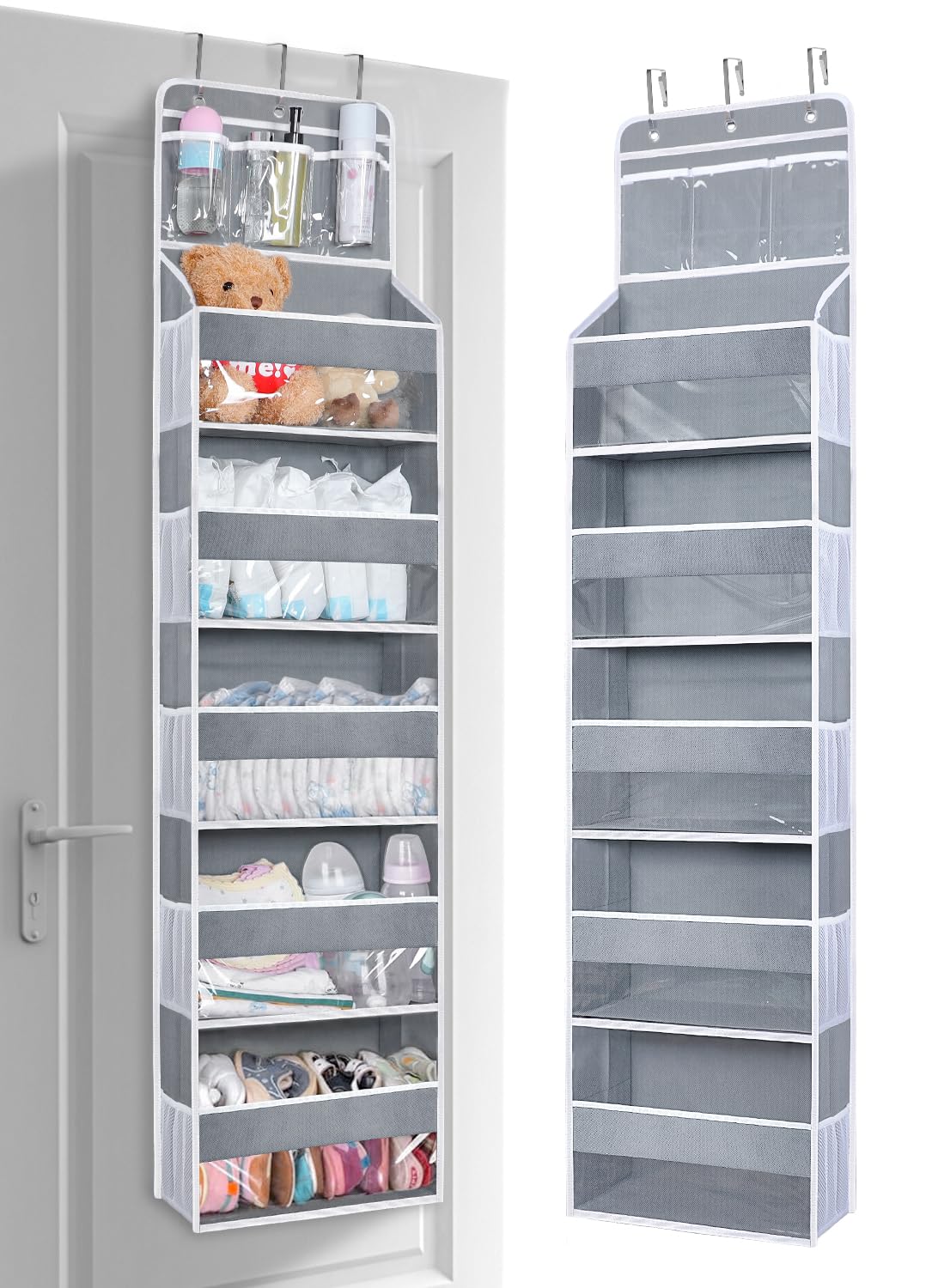 Over the Door Organizer with 3 Clear Slip Pockets & 5 Large Pockets - Heavy Duty Hanging Storage for Closet, Bathroom, Pantry, Bedroom & Nursery - Perfect for Towels, Toys, Shoes & Household Organization