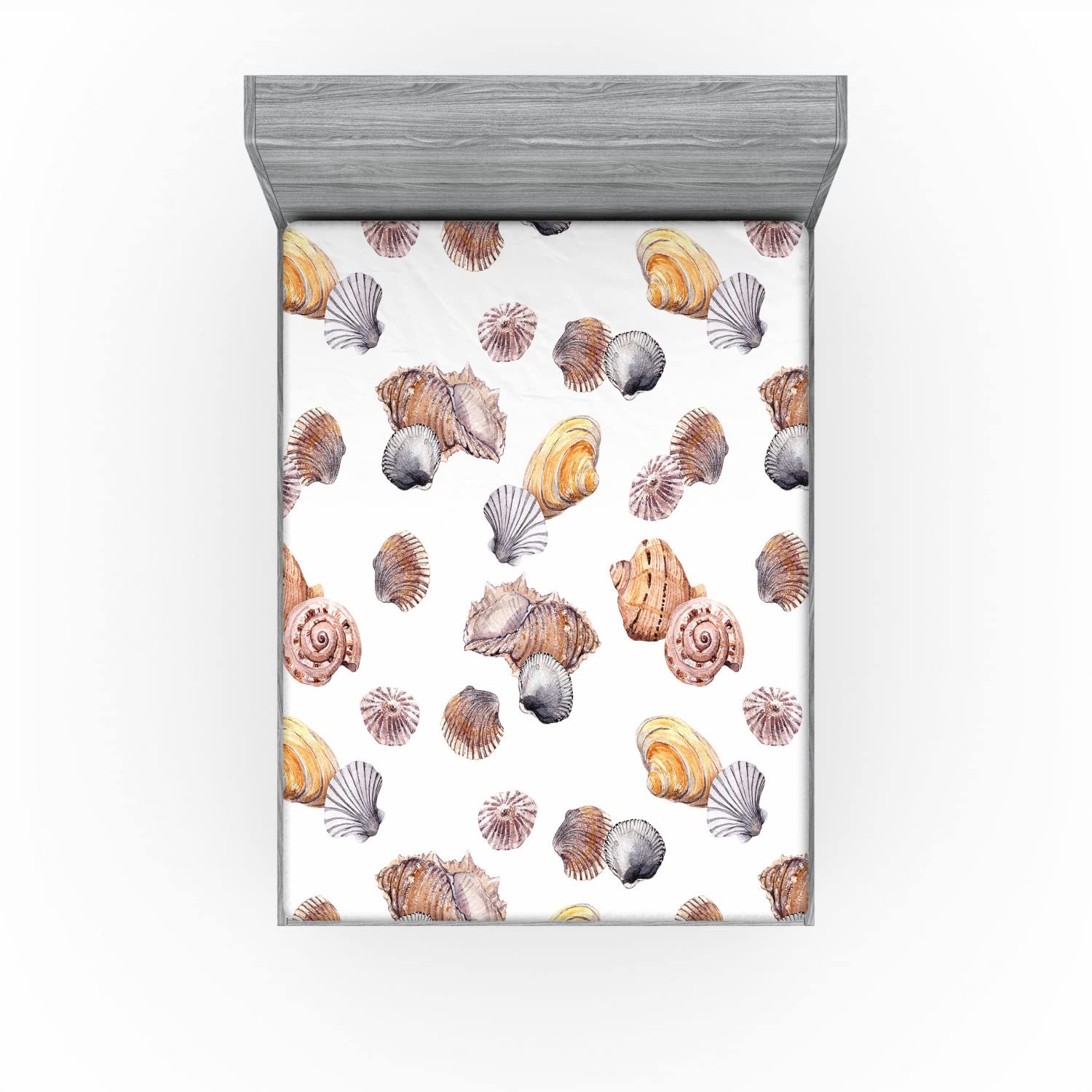 Ambesonne Seashells Fitted Sheet - Full Size Shell Pattern Seashore Holiday Marine Design Bed Cover with Deep Pocket Elastic - Marigold White Mauve for Beach Themed Bedroom Decor & Coastal Home Styling