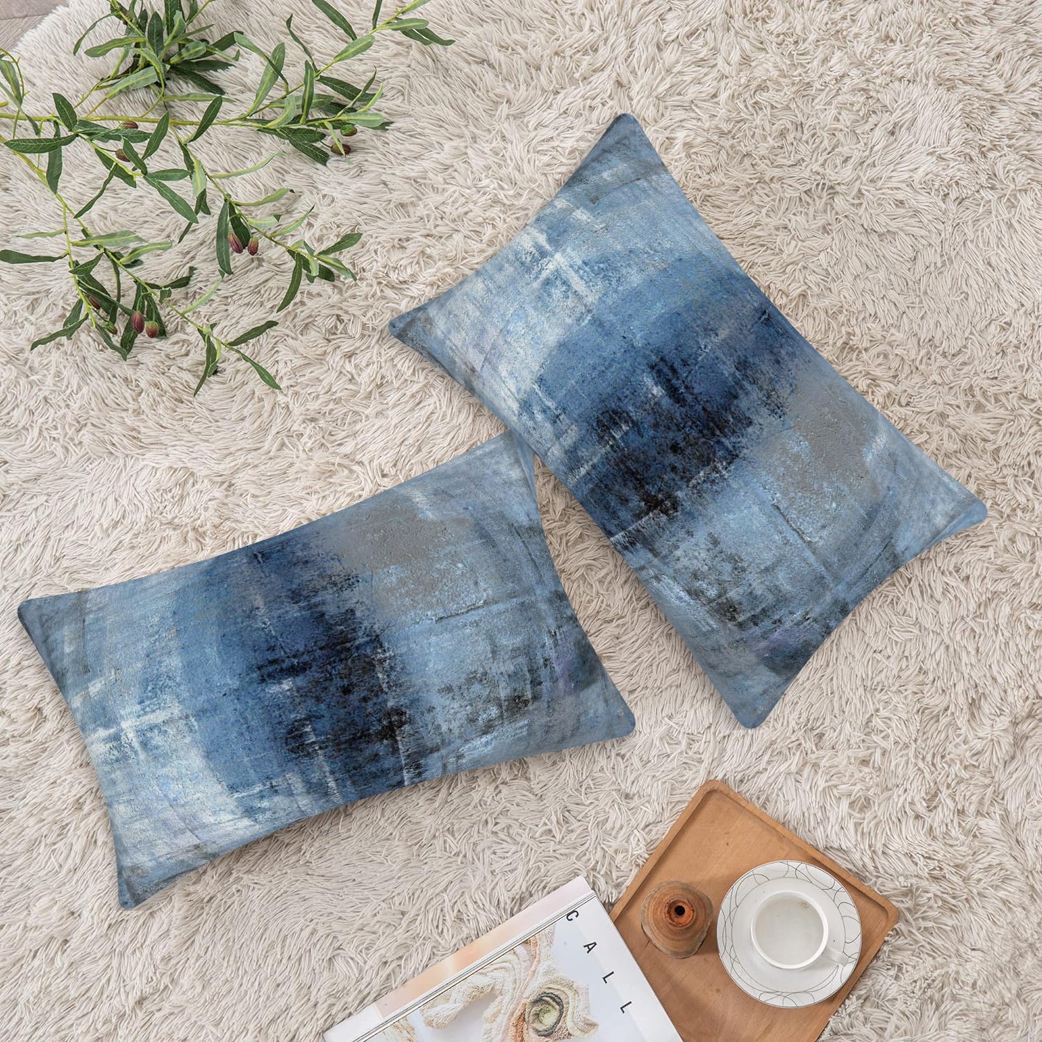 Blue and Grey Abstract Art Throw Pillow Covers Set of 2 - 12x20 Inch Modern Decorative Cushion Covers for Sofa, Bedroom & Living Room - Perfect for Home Decor, Accent Pillows and Cozy Interior Styling