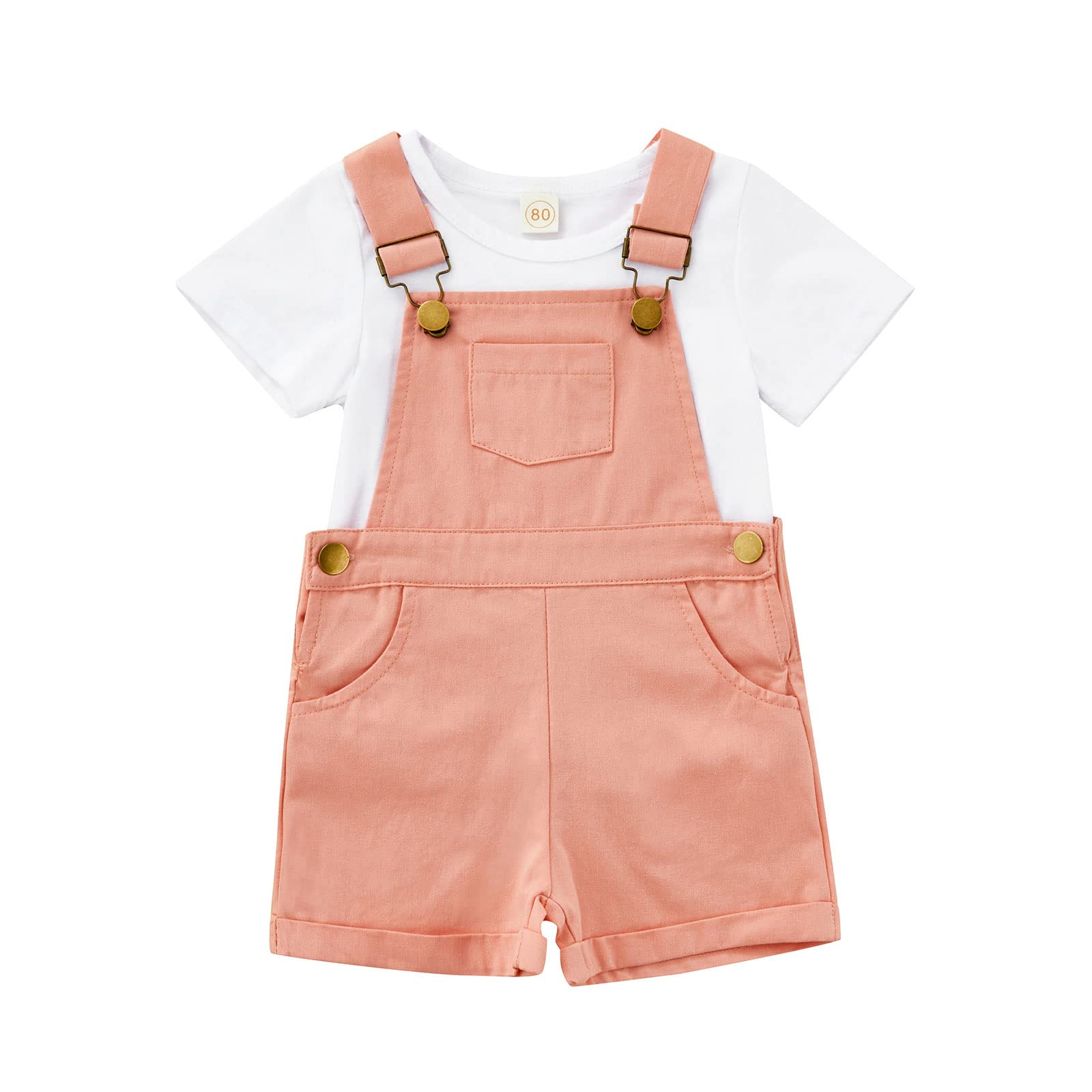 Toddler Unisex 2-Piece Summer Outfit Set - White Round Neck Short Sleeve T-Shirt + Straps Shorts Overall for Boys & Girls | Playtime, Beach, Outdoor Activities