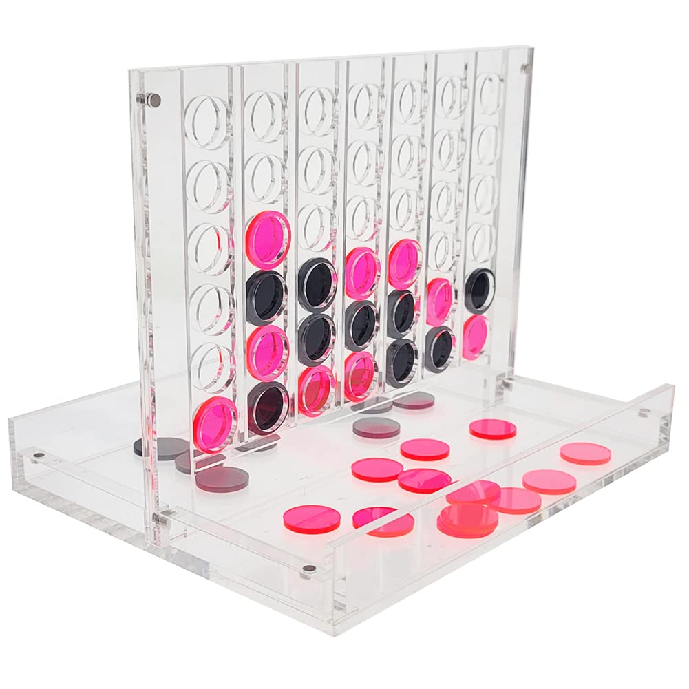Premium Acrylic Four in a Row Game Set with Storage Box - Pink & Black - Classic Strategy Board Game for Family Game Night, Office Decor, and Kids Educational Toys