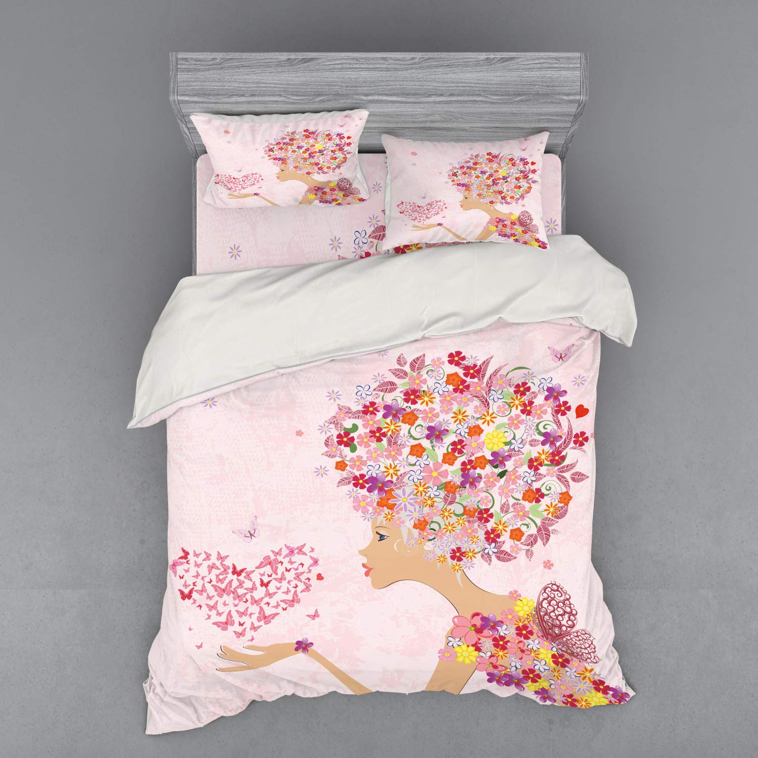 Ambesonne Pink Floral Duvet Cover Set - 4 Piece Queen Size Bedding with Shams & Fitted Sheet, Hand-Painted Butterfly Heart Design for Girls Room, Spring Theme Home Decor - Perfect for Teen Bedroom, Dorm Room, or Guest Room Makeover
