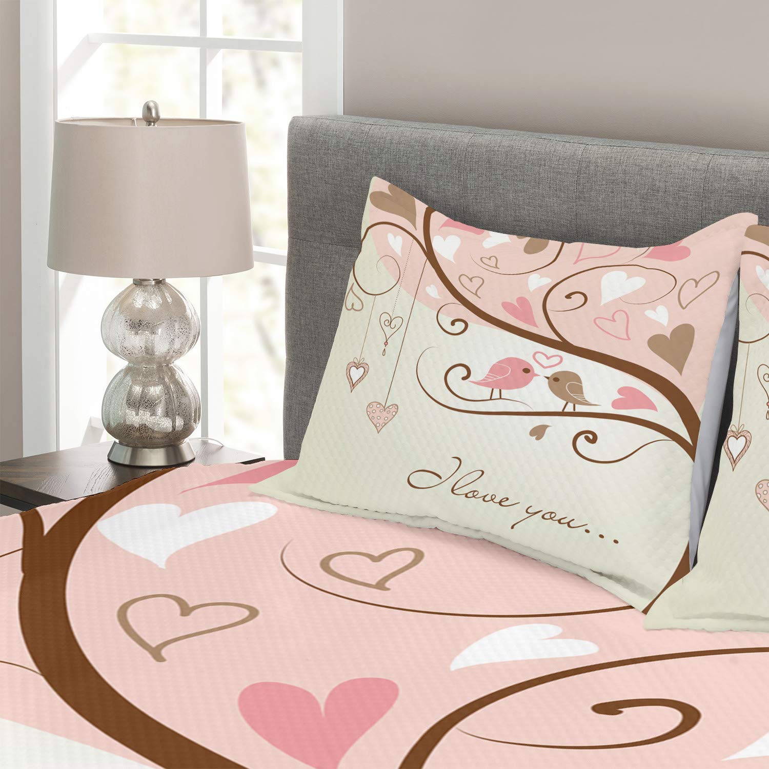 Ambesonne Love Birds on Branch Abstract Heart Print 3-Piece King Size Bedspread Set with 2 Pillow Shams - Blush Brown Beige Nature-Inspired Bedding for Romantic Bedroom Decor