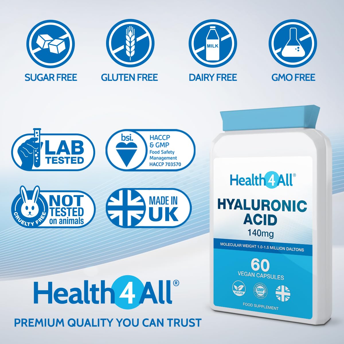 Health4All Hyaluronic Acid 140mg 60 Capsules - High Molecular Weight 1.0-1.5 Million Daltons for Skin Hydration, Hair Growth & Joint Support | Vegan Supplement for Anti-Aging & Beauty Care | Perfect for Daily Wellness Routine & Active Lifestyle