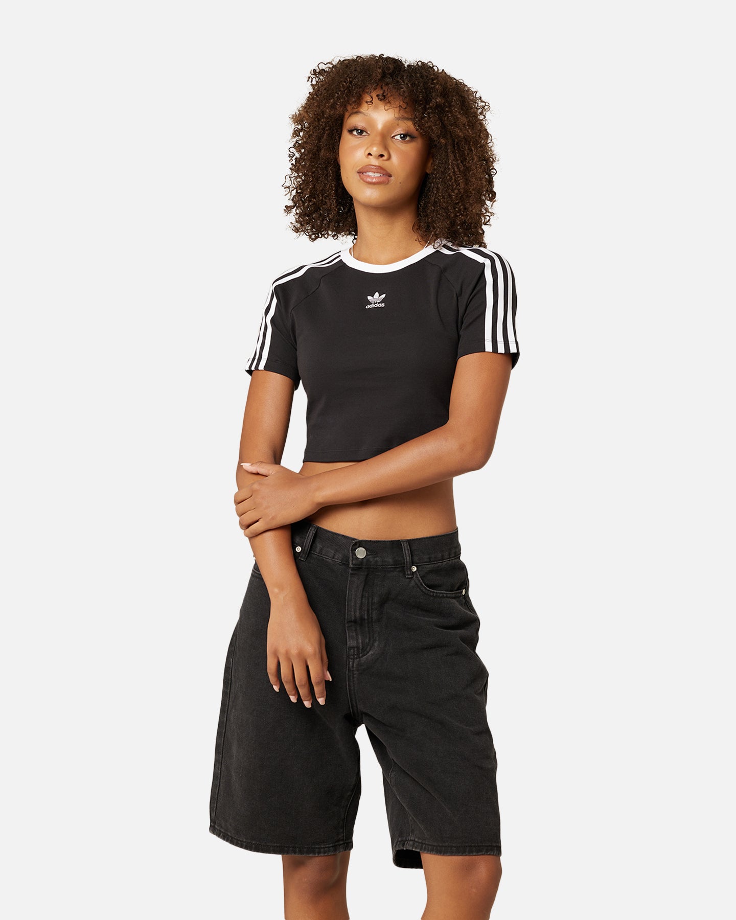 Adidas Women's 3 Stripes Baby T-Shirt - Black Cotton Short Sleeve Tee for Girls | Perfect for Casual Wear, Playdates & Family Outings
