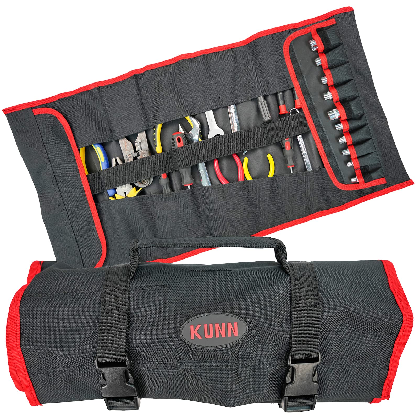 Heavy Duty KUNN Tool Roll Organizer - 32 Pockets Wrench & Screwdriver Pouch, Black/Red - Perfect for Mechanics, DIY Projects, and On-the-Go Tool Storage