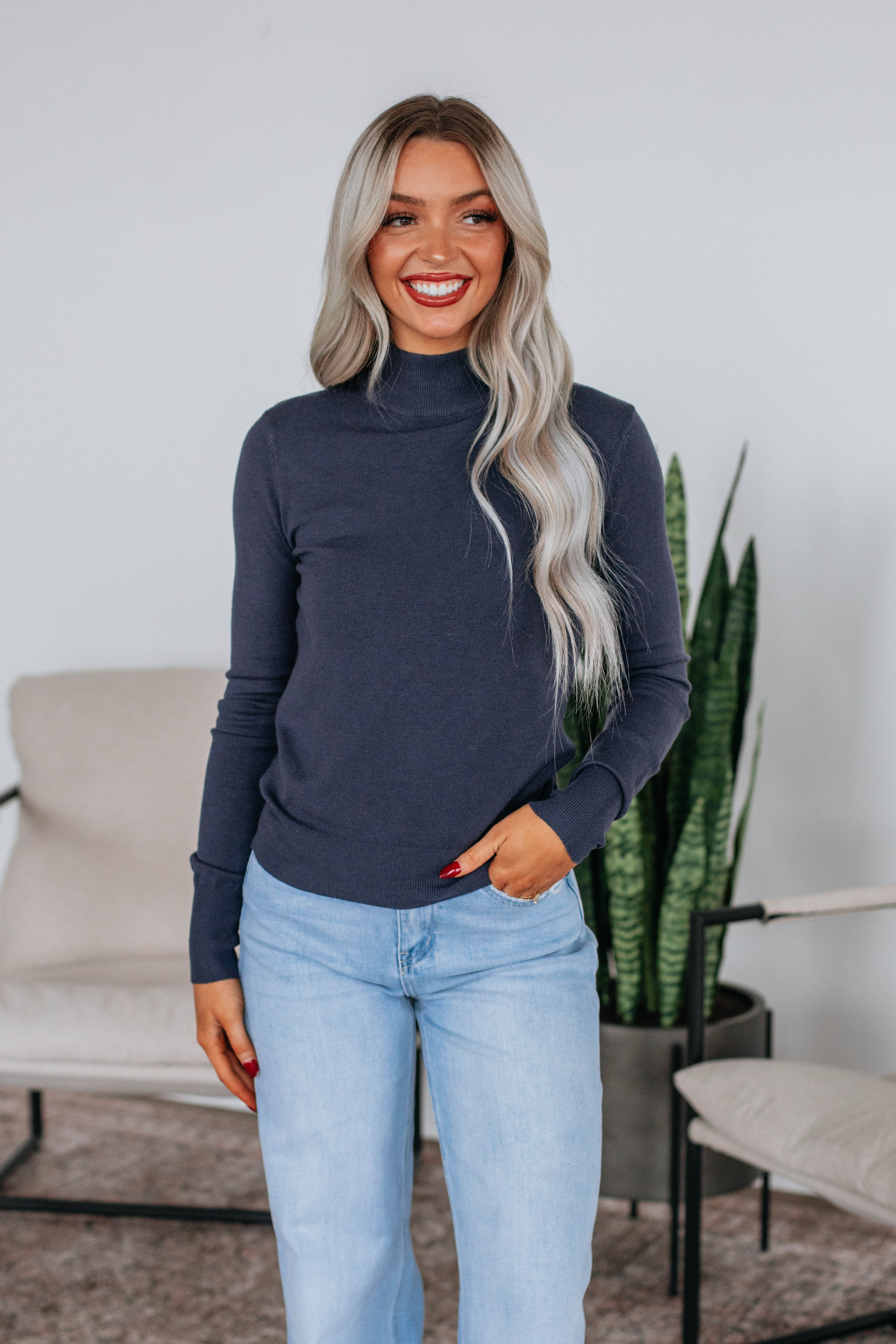 Afton Mock Neck Top for Women - Soft Stretch Steel Blue Blouse - Perfect for Work, Office & Casual Outfits