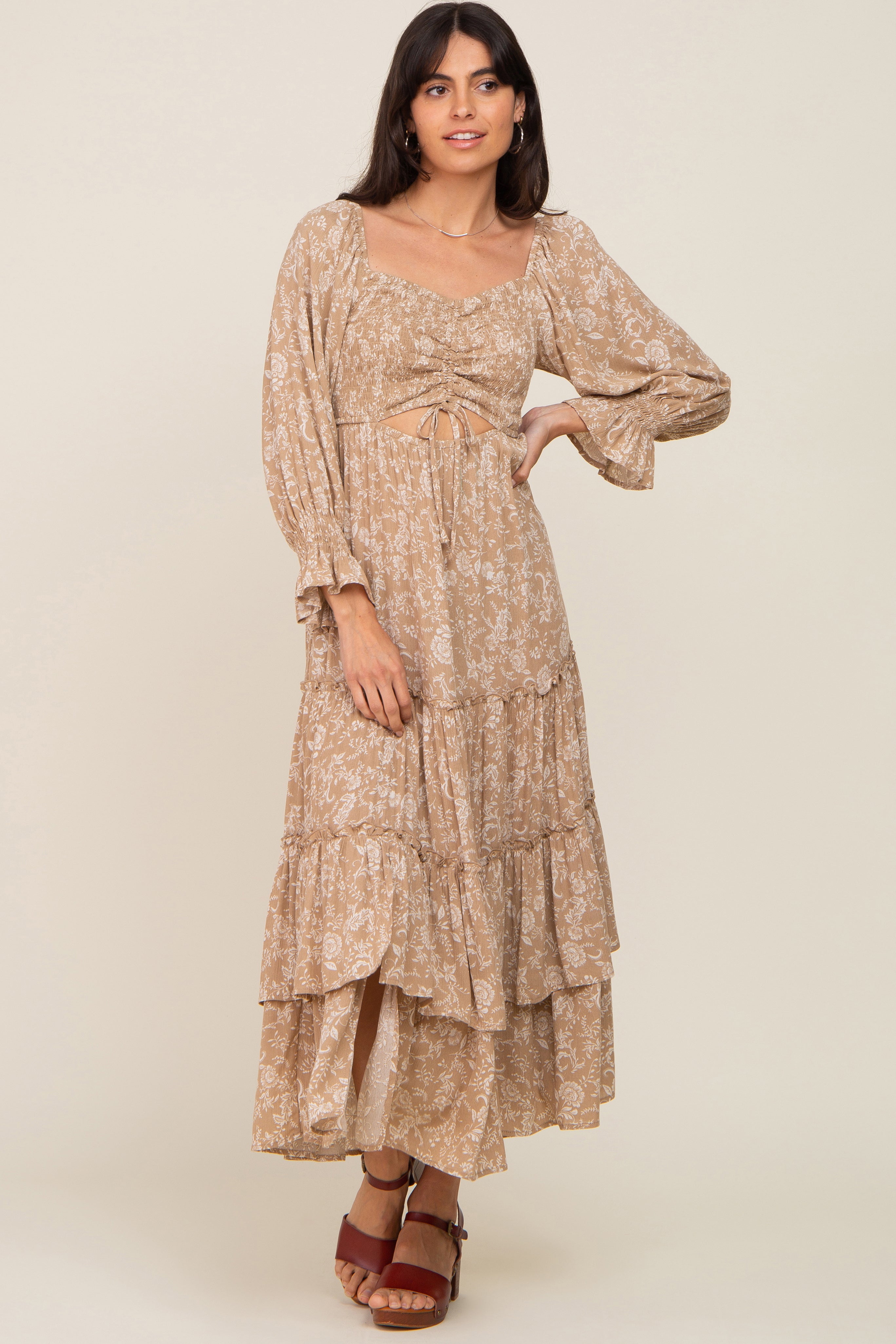 Beige Floral Cutout Smocked Tiered Maternity Maxi Dress for Pregnancy Photos, Baby Showers & Summer Vacations - Comfortable Nursing Dress for Expecting Mothers