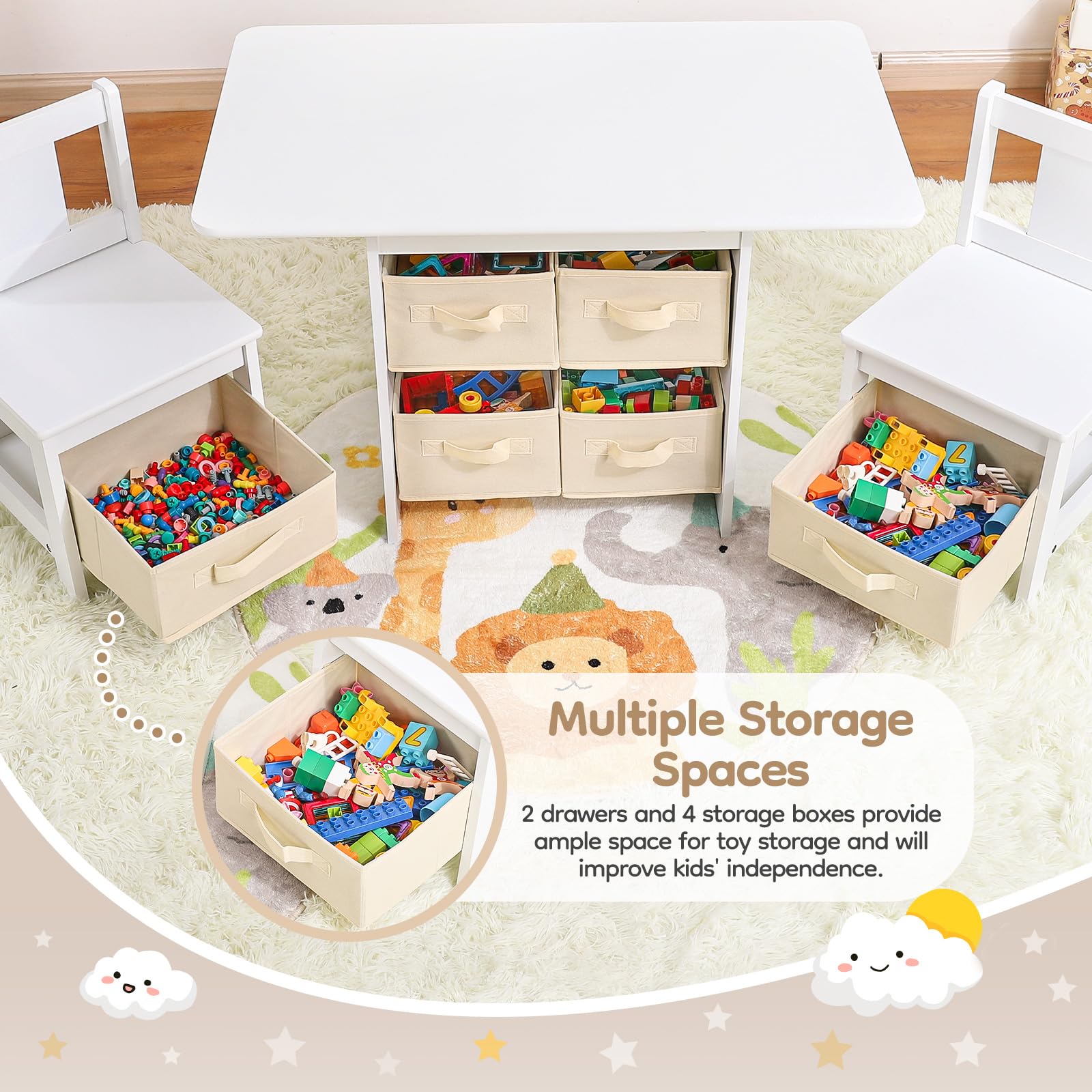Wooden Kids Table and Chair Set with 6 Storage Bins - Toddler Furniture Set (2 Chairs Included) - Water Resistant & Easy to Clean - Perfect Gift for Boys & Girls - White - Ideal for Playroom, Classroom, or Home Learning Activities