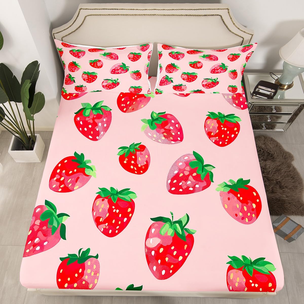 Erosebridal Sweet Girl Queen Size Fitted Sheet - Soft Pink Strawberry Pattern Bedding Set with 2 Pillowcases | Kids, Girls & Women's Room Decor | Perfect for Nursery, Teen Bedroom & Dormitory