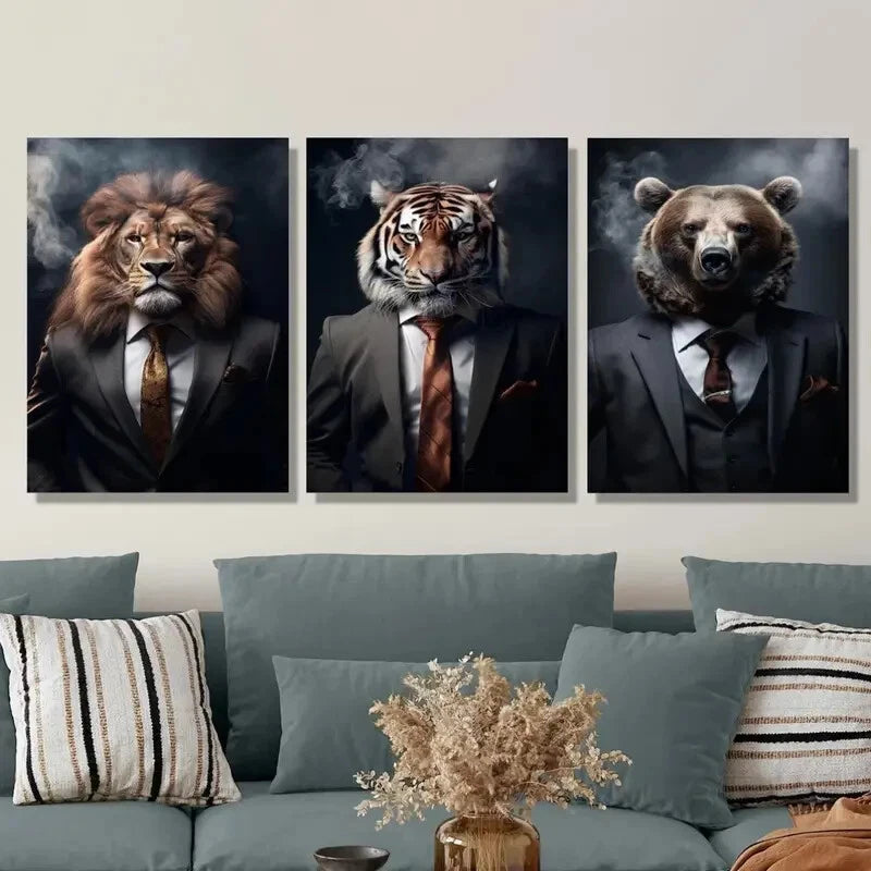 3-Piece Modern Animal Businessmen Metal Wall Art Prints - Ready to Hang Office Decor for Home & Workplace (12x16 Inch)