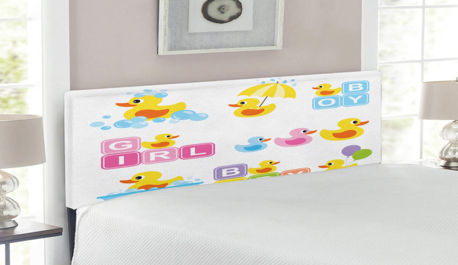Lunarable Duckies Headboard - Cartoon Rubber Ducks Print Upholstered Metal Bed Frame with Memory Foam, Queen Size, Multicolor - Perfect for Kids' Bedroom, Nursery Decor & Whimsical Home Design