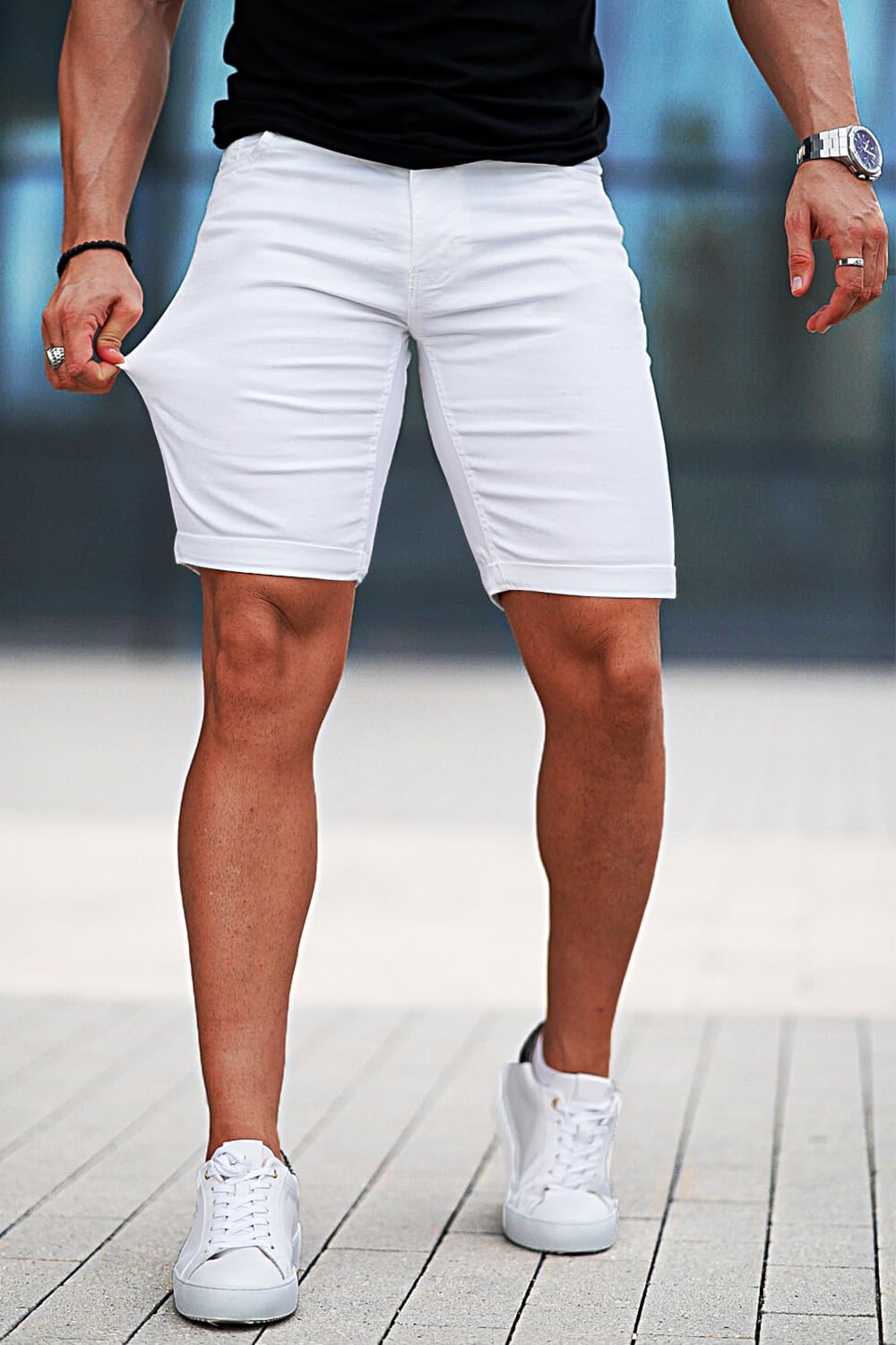 GINGTTO Men's Skinny Stretch Denim Shorts - Slim Fit Stretch Jean Shorts for Men | Perfect for Summer, Casual Wear & Outdoor Activities
