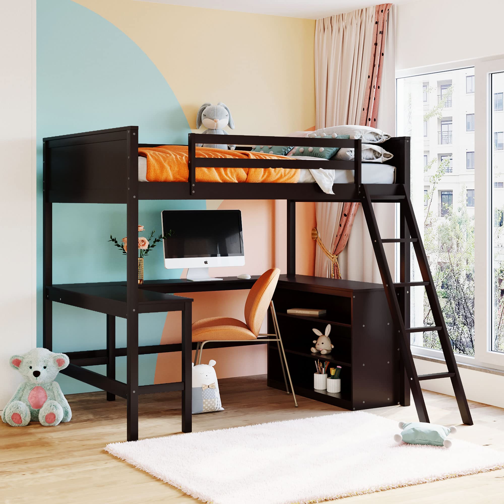 SOFTSEA Full Size Loft Bed for Kids with Long Study Desk & Storage Cabinet - Wooden Junior Bunk Bed Frame in Espresso (Perfect for Small Bedrooms & Dorm Rooms)