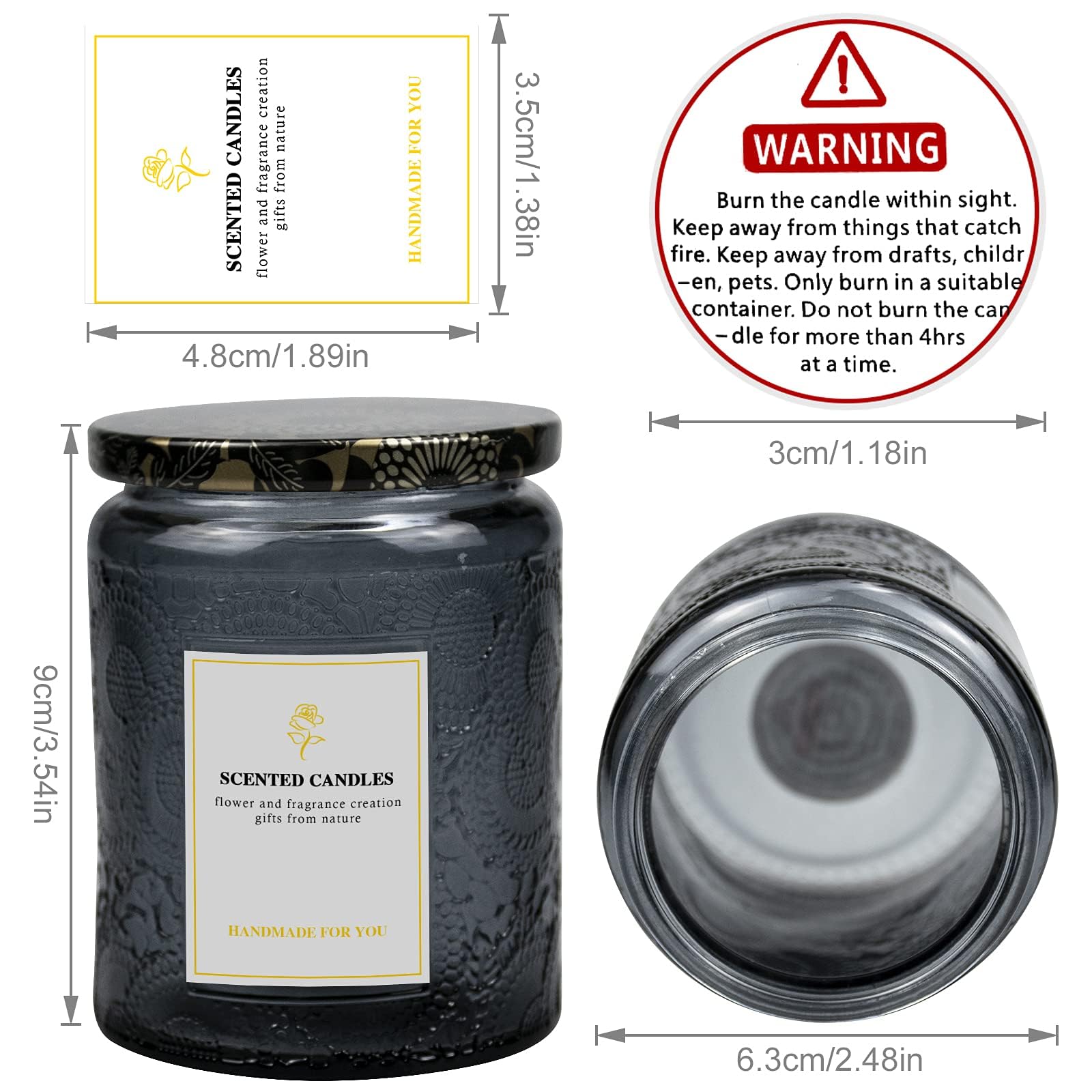 8.8OZ 9-Pack Embossed Glass Candle Jars with Tin Lids - DIY Candle Making Supplies Includes Warning Labels & Stickers - Perfect for Home Decor, Wedding Favors, Gifts & Craft Projects (Grey)